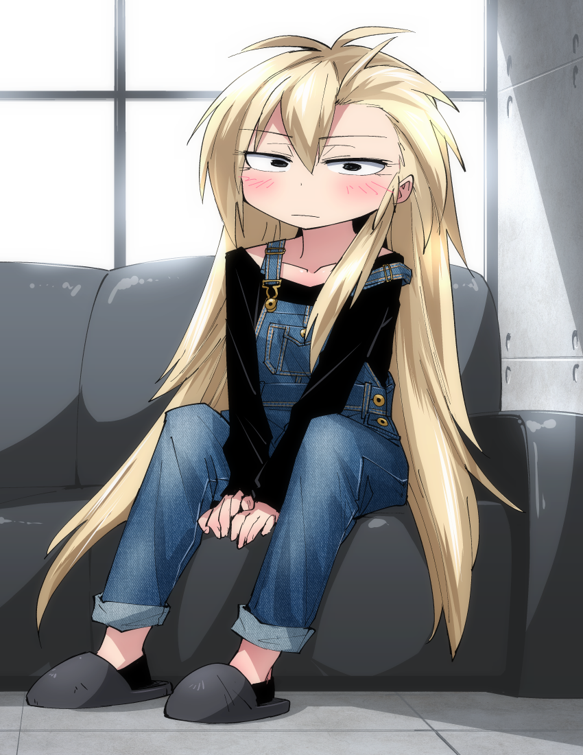 shimizu pem, original, commentary request, 1girl, black eyes, black shirt, black socks, blonde hair, blue overalls, blush, closed mouth, couch, denim, expressionless, full body, grey slippers, indoors, long hair, long sleeves, looking at viewer, overalls, shirt, sidelocks, sitting, slippers, socks, solo, very long hair