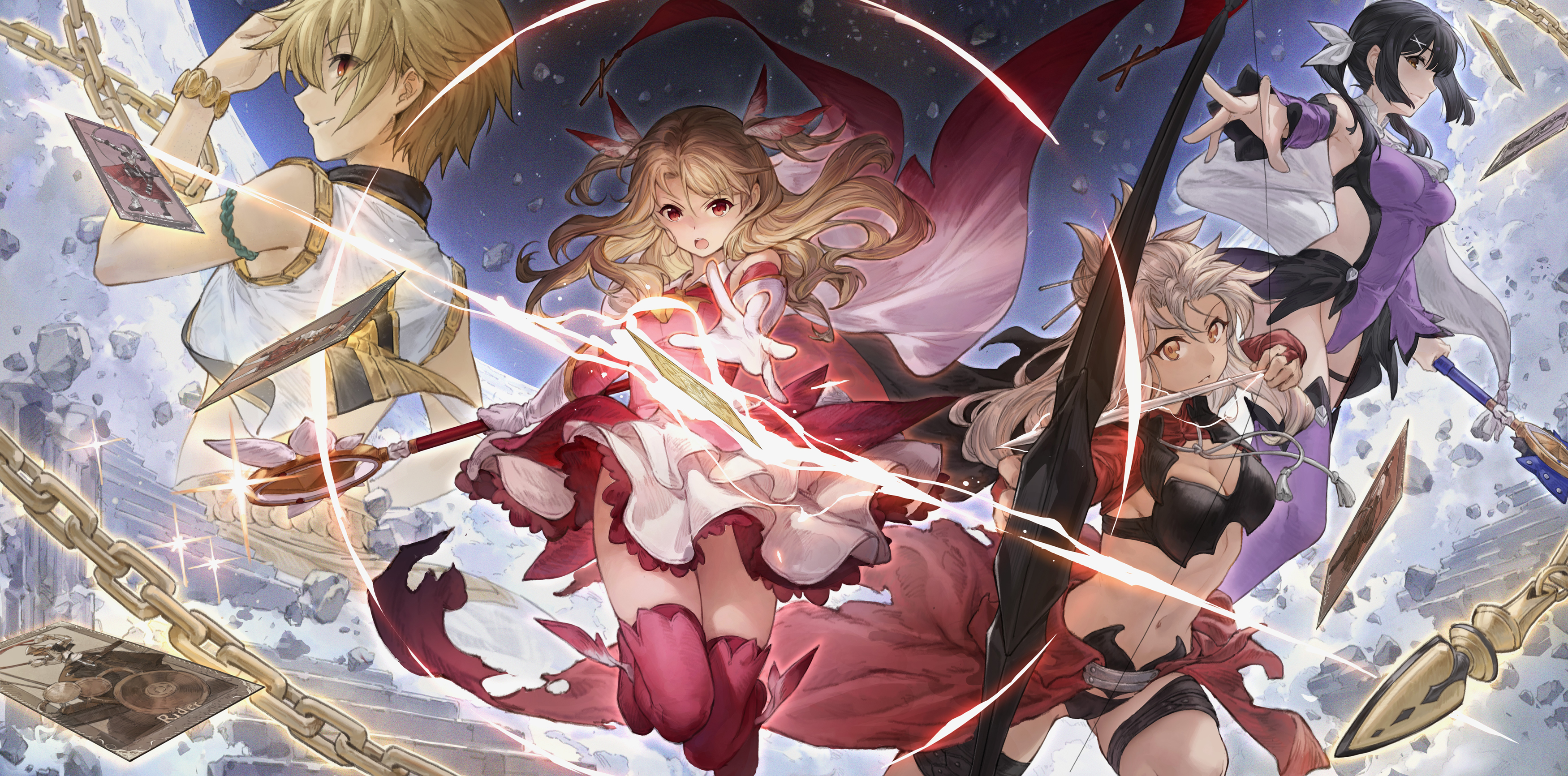 yijian ma, child gilgamesh (fate), chloe von einzbern, gilgamesh (fate), illyasviel von einzbern, kaleidostick, miyu edelfelt, fate/kaleid liner prisma illya, fate (series), absurdres, chinese commentary, commentary request, highres, 1boy, 3girls, arrow (projectile), black hair, blonde hair, bow (weapon), breasts, brown eyes, card, chain, class card (prisma illya), cleavage, detached sleeves, drawing bow, elbow gloves, enkidu (weapon) (fate), floating card, gloves, granblue fantasy (style), grey hair, hair ribbon, holding, holding bow (weapon), holding staff, holding weapon, magical girl, multiple girls, navel, outstretched arm, outstretched hand, red eyes, ribbon, shrug (clothing), skirt, staff, stairs, thighhighs, weapon, white gloves, white skirt, zettai ryouiki
