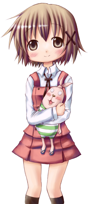 putin (usavich), yuno (hidamari sketch), hidamari sketch, usavich, bad id, bad pixiv id, 00s, brown eyes, brown hair, doll, school uniform, short hair, solo, yamabuki high school uniform
