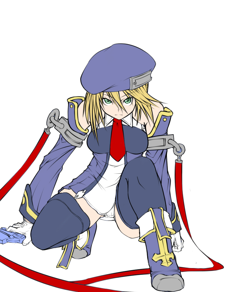 tellwo, teruno, noel vermillion, arc system works, blazblue, 1girl, beret, blonde hair, blue boots, boots, female focus, gloves, green eyes, gun, handgun, hat, necktie, panties, solo, thighhighs, underwear, weapon