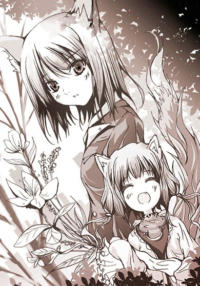 2girls, animal ears, brown theme, closed eyes, fang, flower, monochrome, multiple girls, short hair, tail