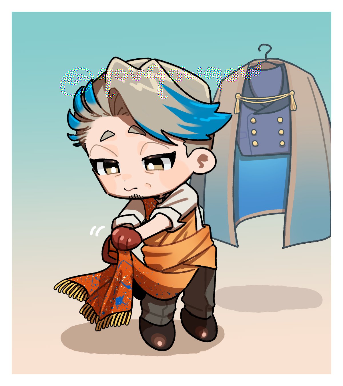 fate/grand order, fate (series), highres, 1boy, blue streaks, blue vest, brown cape, brown eyes, brown gloves, brown shoes, cape, chibi, chibi only, clothes hanger, drying, drying clothes, facial hair, gloves, goatee, gradient background, grey pants, katsu kaishu (fate), looking at object, male focus, orange robe, pants, qowqowqow, robe, shirt, shoes, simple background, solo, vest, watermark, white hair, white shirt