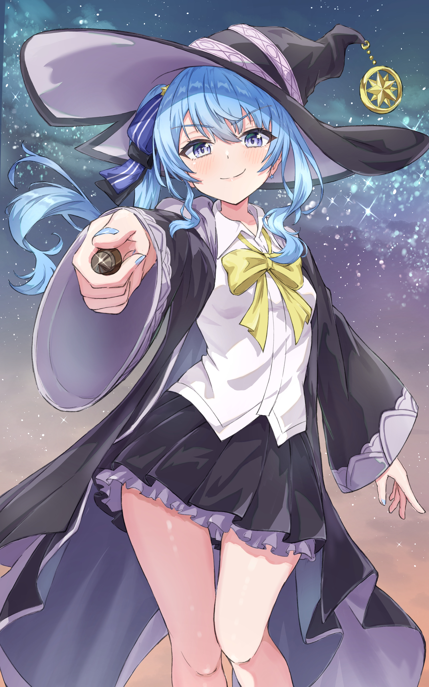 qussie, elaina (majo no tabitabi), hoshimachi suisei, hololive, majo no tabitabi, absurdres, highres, 1girl, alternate costume, black hat, black jacket, black skirt, blue eyes, blue hair, blue nails, blush, cosplay, earrings, elaina (majo no tabitabi) (cosplay), hat, holding, holding wand, jacket, jewelry, nail polish, shirt, side ponytail, sidelocks, skirt, smile, solo, star (symbol), star earrings, virtual youtuber, wand, white shirt, witch hat