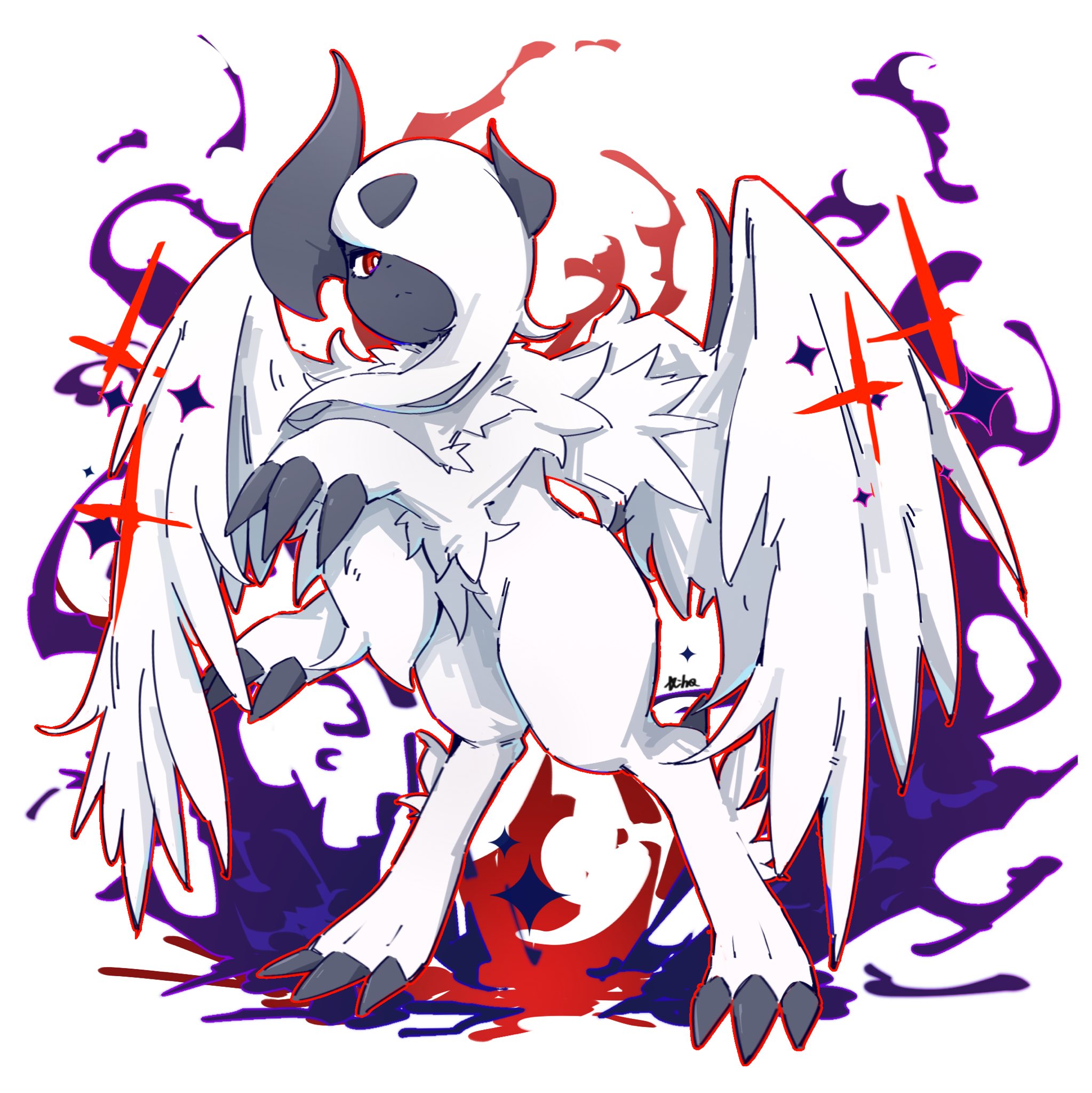 uuuuuuumbreon, absol, mega absol, nintendo, pokemon, highres, animal focus, asymmetrical horns, body fur, bright pupils, claws, closed mouth, feathered wings, full body, gen 3 pokemon, hair over one eye, horns, looking at viewer, mane, mega pokemon, neck fur, no humans, one eye covered, pokemon (creature), red eyes, simple background, solo, sparkle, standing, uneven horns, white background, white fur, white pupils, white wings, wings