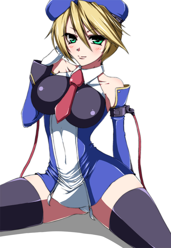 iwamoto eiri, noel vermillion, arc system works, blazblue, bad id, bad pixiv id, 1girl, beret, blonde hair, blush, breasts, female focus, framed breasts, green eyes, hat, large breasts, necktie, panties, solo, thighhighs, underwear
