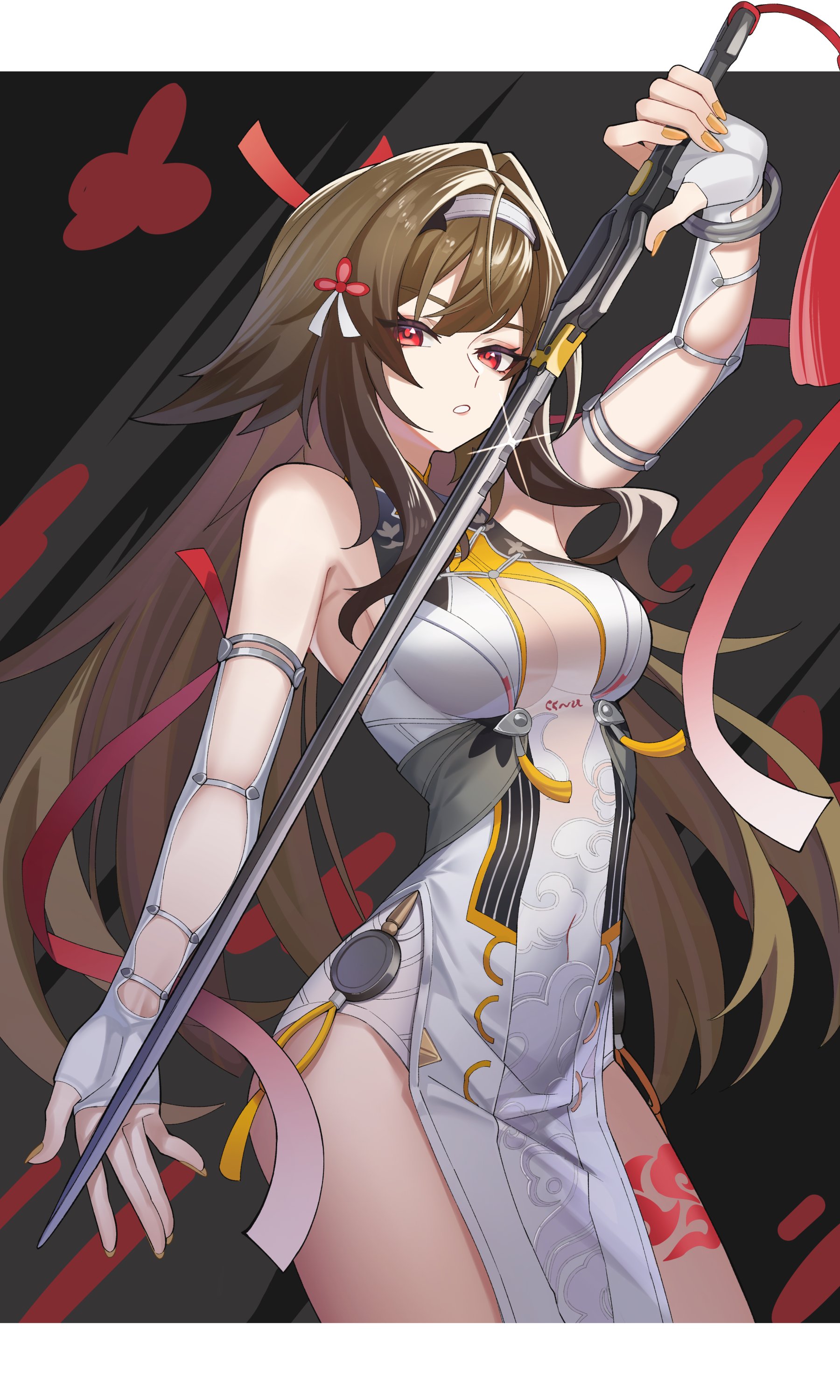 mikiseriavoid, zenless zone zero, absurdres, highres, 1girl, bare shoulders, black background, breasts, brown hair, china dress, chinese clothes, cleavage, cleavage cutout, clothing cutout, clover, clover hair ornament, dress, eyeshadow, hair ornament, hanfu, holding, holding sword, holding weapon, large breasts, leg tattoo, long hair, looking at viewer, makeup, open mouth, pelvic curtain, red eyeshadow, side slit, sleeveless, solo, sword, tail, tattoo, very long hair, weapon, white hanfu, ye shunguang