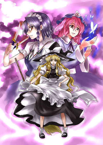 mikage nao, izayoi sakuya, kirisame marisa, saigyouji yuyuko, touhou, silver hair, 3girls, apron, blonde hair, braid, broom, bug, butterfly, female focus, full body, glowing, grin, hand on own hip, hat, knife, long hair, long skirt, looking afar, looking at viewer, maid, maid apron, maid headdress, mary janes, multiple girls, neck ribbon, petticoat, pink hair, profile, puffy sleeves, red eyes, ribbon, shoes, short hair, short sleeves, side braid, skirt, smile, socks, standing, triangular headpiece, twin braids, upskirt, very long hair, wide sleeves, witch hat, yellow eyes