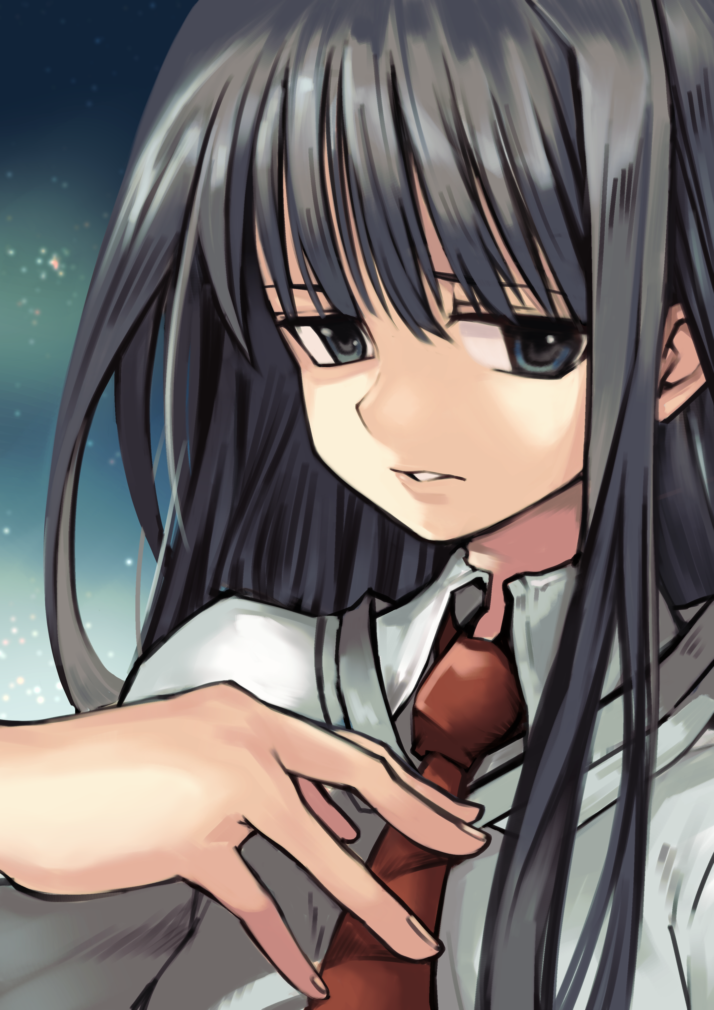 hirata (ginko828), takashima zakuro, subarashiki hibi, absurdres, commentary request, highres, 1girl, abstract background, black eyes, black hair, blue background, capelet, collared shirt, half-closed eyes, hand on own chest, light particles, long hair, looking at viewer, necktie, parted lips, portrait, red necktie, school uniform, shirt, solo, white capelet, white shirt