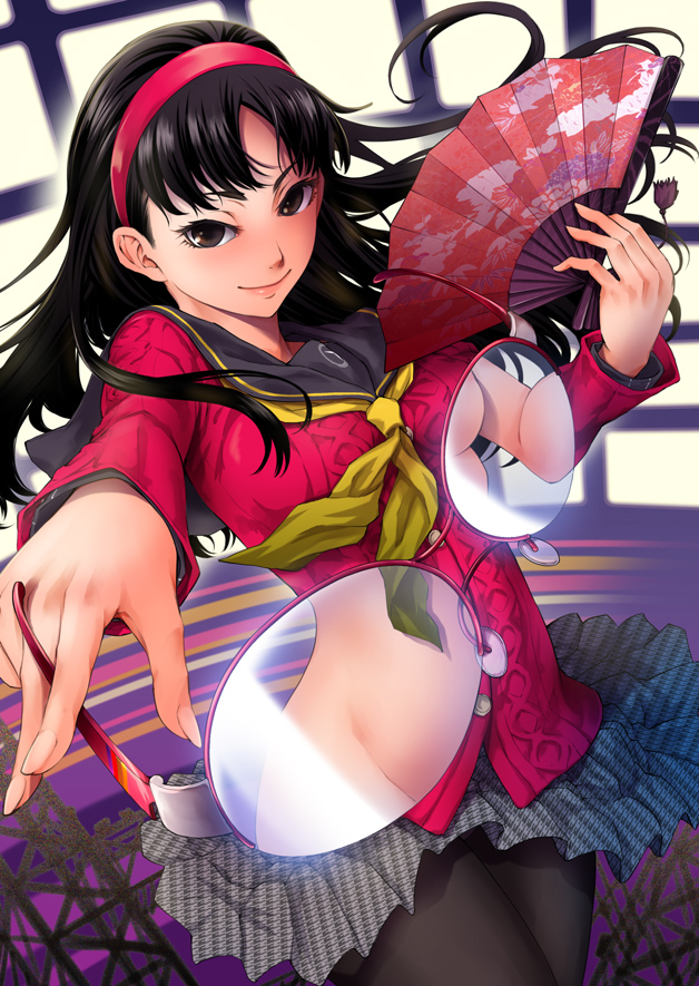 maybe, amagi yukiko, atlus, persona, persona 4, 1girl, black eyes, black hair, breasts, brown eyes, female focus, fingernails, folding fan, glasses, glasses view, hairband, hand fan, holding, holding removed eyewear, long fingernails, long hair, nipple slip, nipples, pantyhose, school uniform, serafuku, sideboob, skirt, solo, thighhighs, unworn eyewear, x-ray, x-ray glasses, x-ray vision
