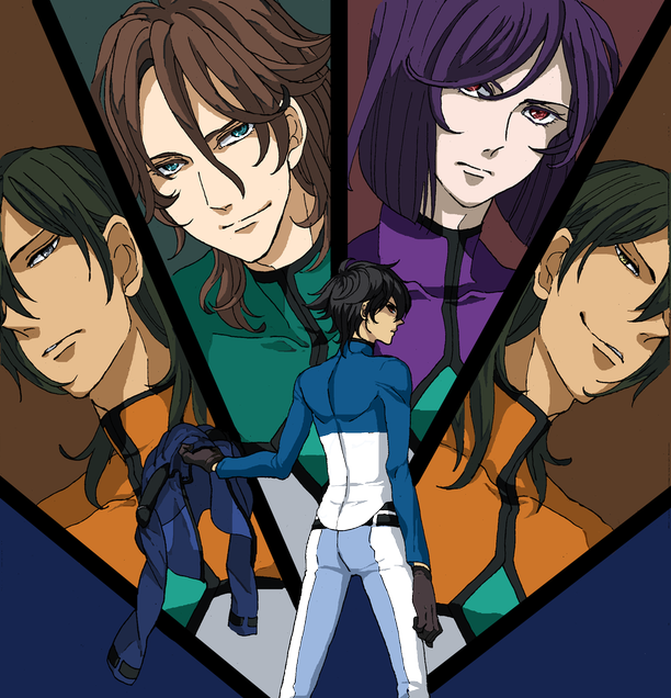 shiro ta, shiroshiro, allelujah haptism, hallelujah haptism, lockon stratos, lyle dylandy, setsuna f. seiei, tieria erde, gundam, gundam 00, bad id, bad pixiv id, 00s, 5boys, black hair, brown hair, gloves, green hair, jacket, male focus, multiple boys, purple hair