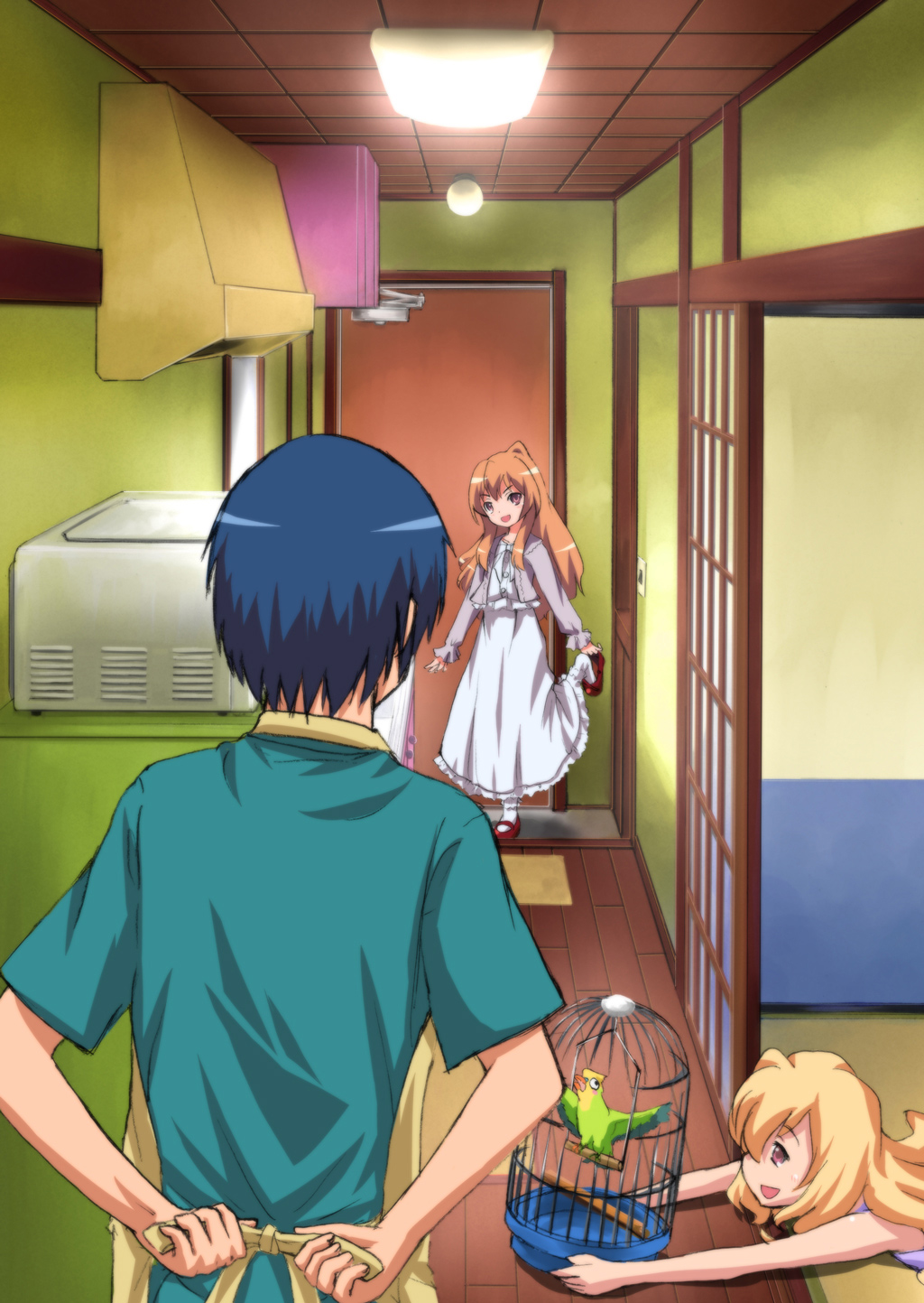 sakaki soshi, aisaka taiga, inko (toradora), takasu ryuuji, takasu yasuko, toradora!, white legwear, highres, 00s, 1boy, 2girls, aqua shirt, door, frills, indoors, lying, multiple girls, on stomach, shirt, standing, standing on one leg, wooden floor