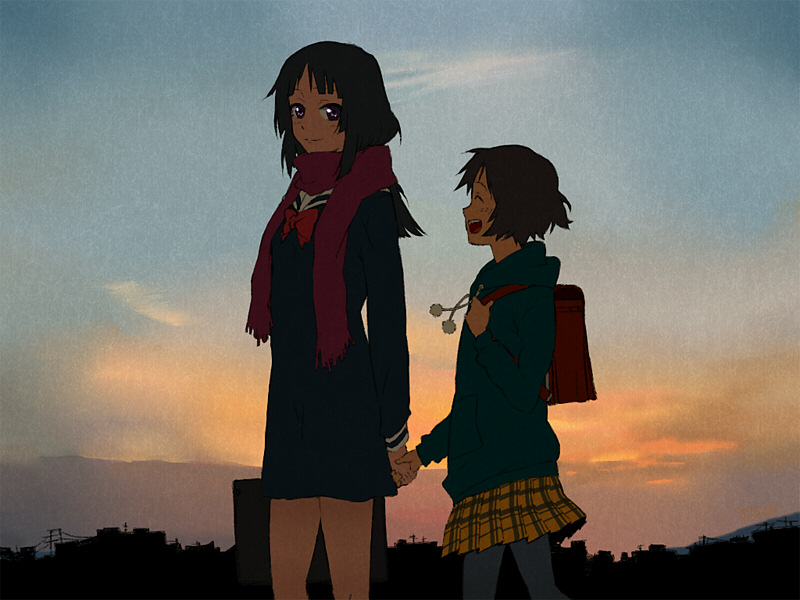 kasuga (artist), isayama yomi, tsuchimiya kagura, ga-rei, ga-rei zero, 00s, 2girls, multiple girls, scarf, school uniform, serafuku, sky