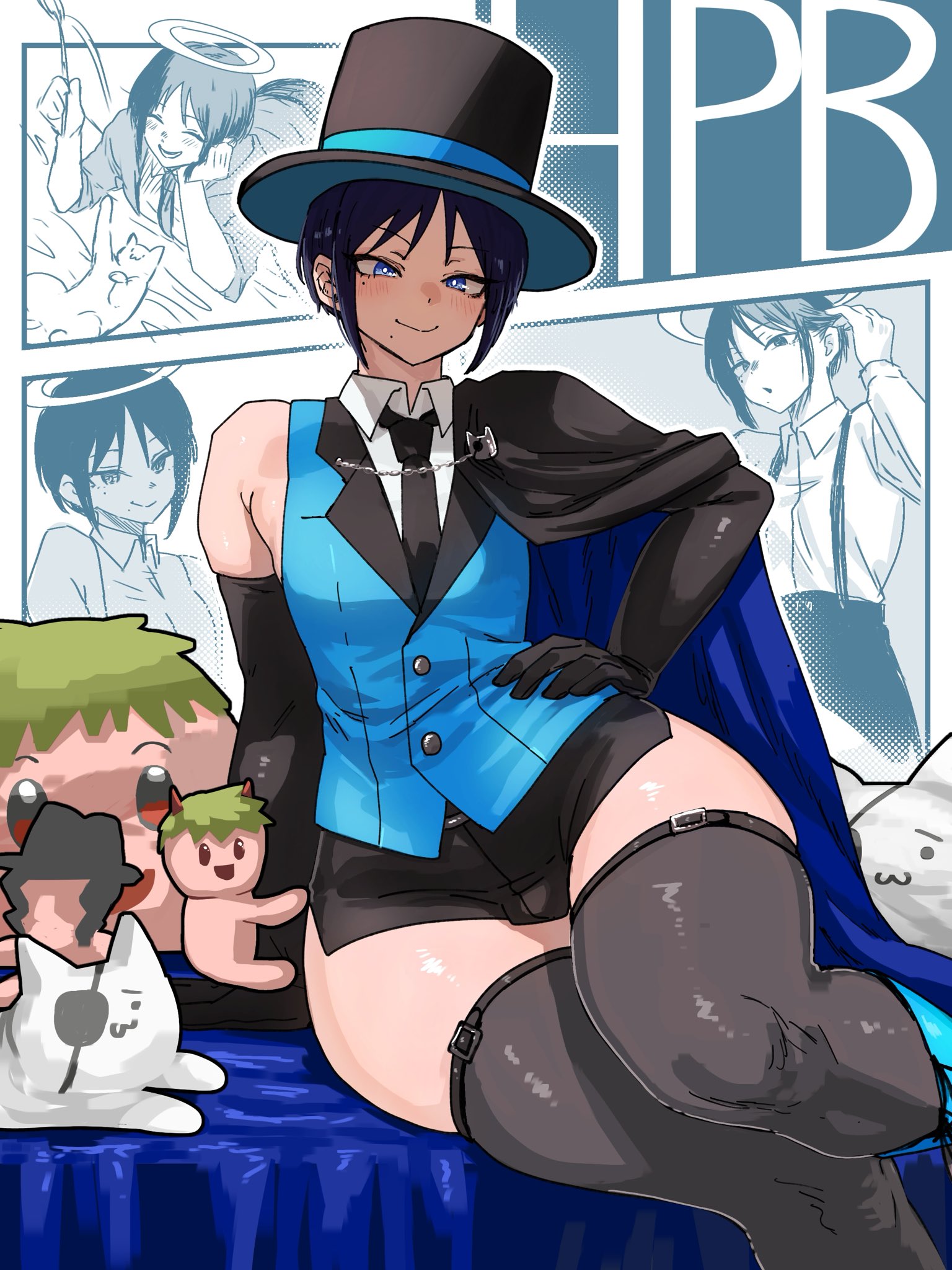 iu15236376, original, highres, 1boy, androgynous, black hair, cape, cat, collared shirt, elbow gloves, gloves, halo, hand on own hip, hat, magician, micro shorts, mole, mole under eye, mole under mouth, necktie, shirt, short hair, shorts, single bare shoulder, sitting, sleeveless, sleeveless shirt, suspenders, thick thighs, thighhighs, thighs, top hat, trap