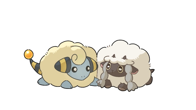 ama luna197, mareep, wooloo, nintendo, pokemon, animal focus, closed mouth, gen 2 pokemon, gen 8 pokemon, horns, no humans, pokemon (creature), pokemon focus, sheep, sheep horns, simple background, tail, white background, wool
