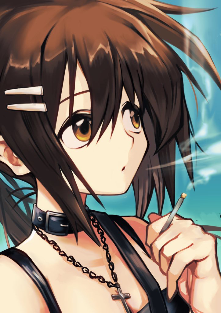 hirata (ginko828), minakami yuki, subarashiki hibi, commentary request, 1girl, bare shoulders, belt collar, blue background, brown hair, cigarette, collar, cross, cross necklace, hair ornament, hairclip, holding, holding cigarette, jewelry, long hair, looking to the side, necklace, ponytail, portrait, smoke, smoking, solo, spaghetti strap, yellow eyes