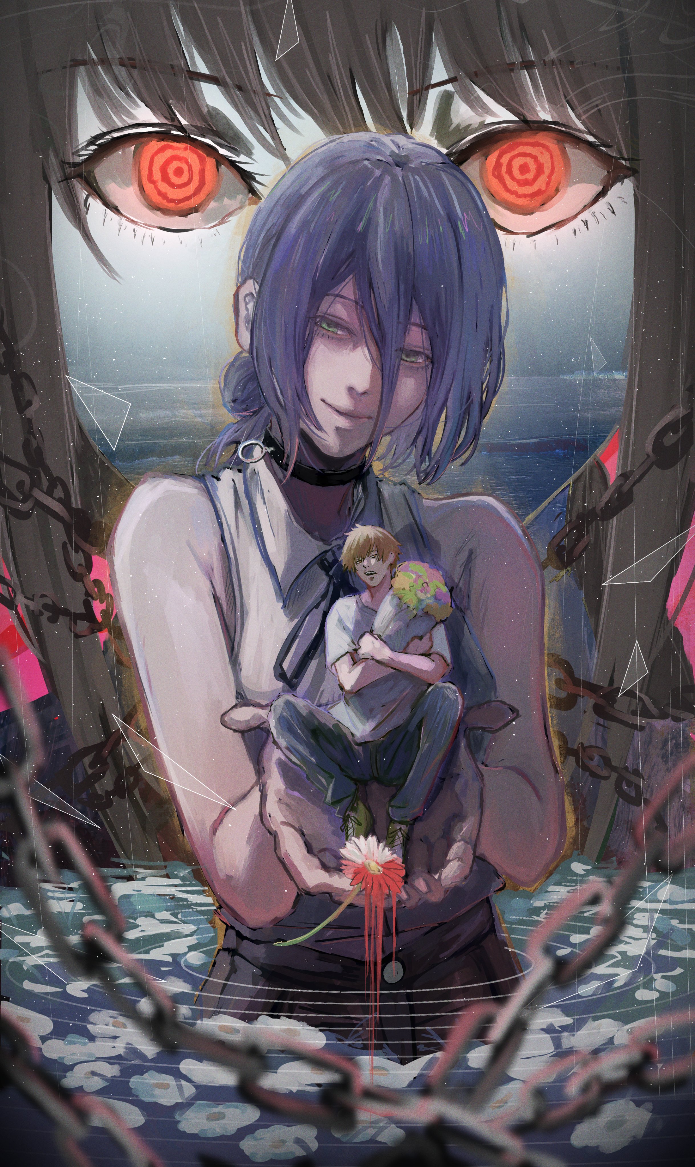 dokudokuo, denji (chainsaw man), makima (chainsaw man), reze (chainsaw man), chainsaw man, absurdres, highres, 1boy, 2girls, black choker, blonde hair, blood, blue hair, chain, choker, closed mouth, collared shirt, flower, green eyes, grenade pin, grey shirt, hair between eyes, hair bun, multiple girls, partially submerged, red eyes, ringed eyes, shirt, short hair, sleeveless, sleeveless shirt, white flower