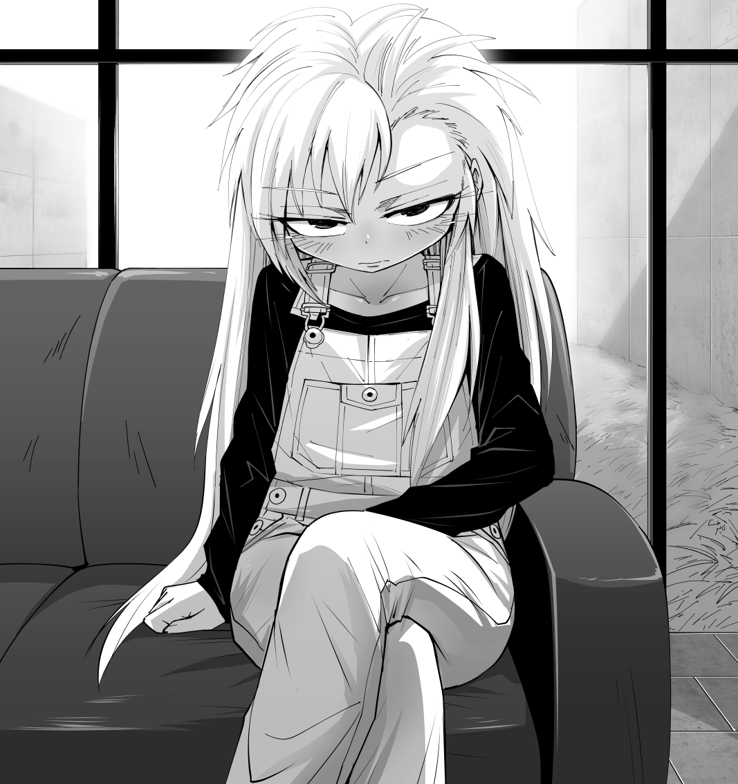 shimizu pem, original, commentary request, 1girl, blush, closed mouth, couch, crossed legs, expressionless, feet out of frame, greyscale, indoors, long hair, long sleeves, looking at viewer, monochrome, overalls, shirt, sitting, solo, very long hair, window