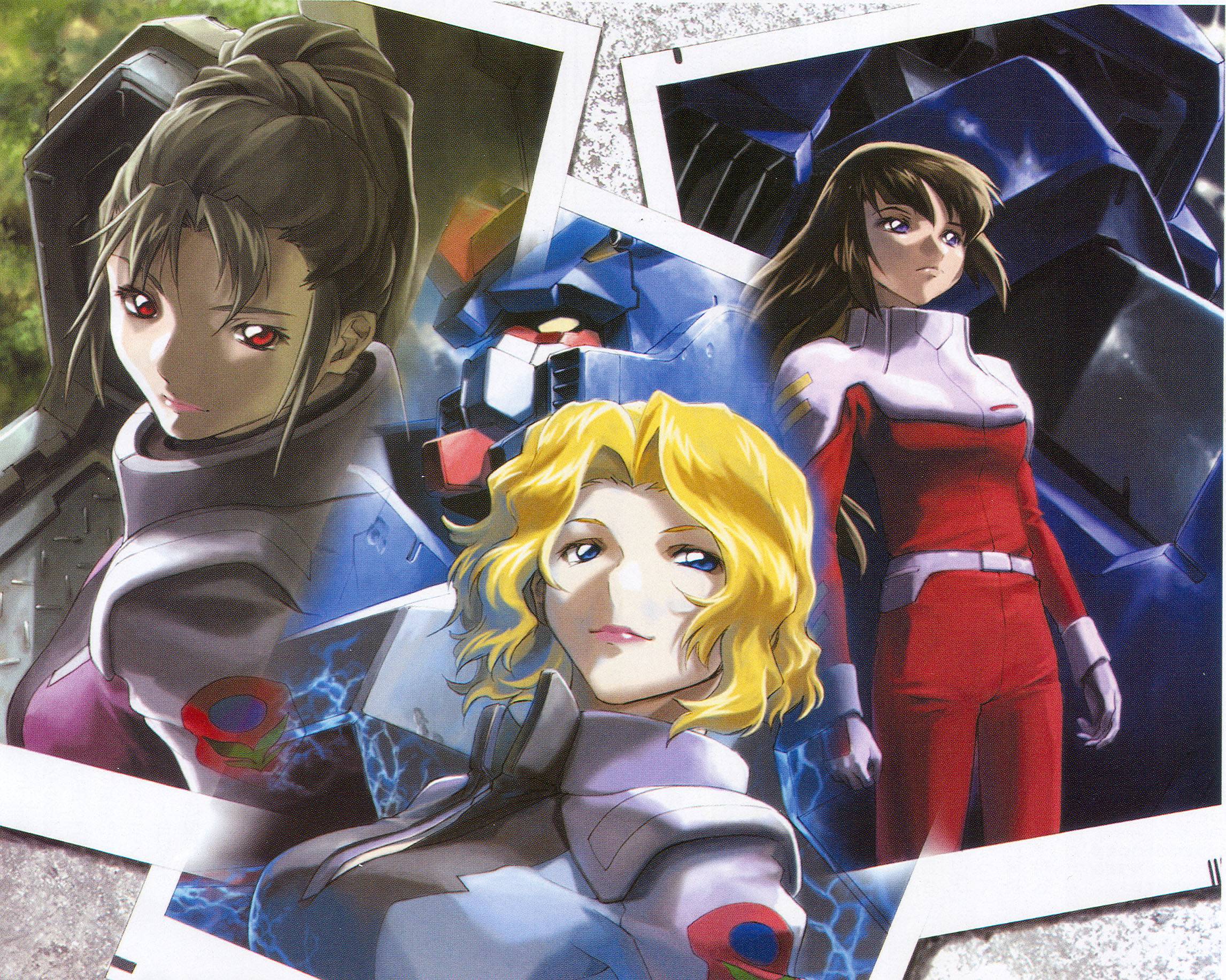 ogasawara tomy, cgue deep arms, forbidden gundam, jane houston, rena imelia, shiho hahnenfuss, gundam, gundam msv, gundam seed, gundam seed destiny, pilot suit, highres, scan, 00s, blonde hair, blue eyes, brown hair, imelia rena, lipstick, long hair, makeup, mecha, ponytail, purple eyes, red eyes, robot