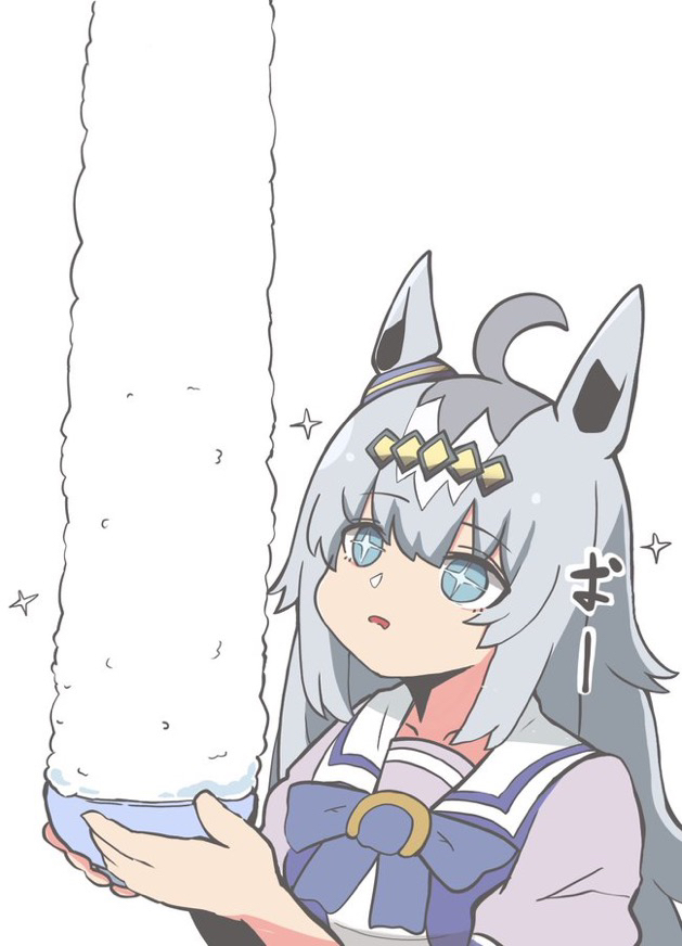 kawamochi (tddm3573), oguri cap (umamusume), umamusume, translation request, + +, 1girl, ahoge, animal ears, blue bow, blue eyes, bow, bowl, grey hair, holding, holding bowl, horse ears, long hair, multicolored hair, parted lips, puffy short sleeves, puffy sleeves, purple shirt, rice, rice bowl, school uniform, shirt, short sleeves, simple background, solo, tracen school uniform, two-tone hair, upper body, white background, white hair