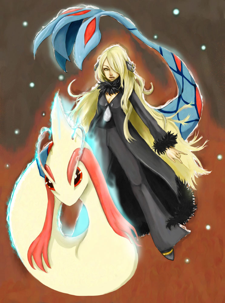 jack0gear, cynthia (pokemon), milotic, nintendo, pokemon, pokemon dppt, 00s, 1girl, blonde hair, blue eyes, breasts, cleavage, gen 3 pokemon, long hair, medium breasts, pokemon (creature), very long hair, yellow eyes