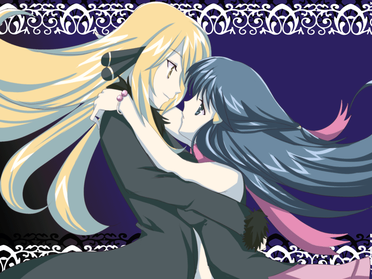 nocchi (noda), cynthia (pokemon), dawn (pokemon), kannazuki no miko, nintendo, pokemon, pokemon dppt, bad id, bad pixiv id, 2girls, age difference, blonde hair, blue eyes, blue hair, dancing, dress, long hair, miko embrace, multiple girls, parody, scarf, yellow eyes, yuri