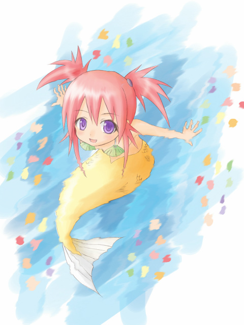 edomae lunar, seto no hanayome, 00s, 1girl, :d, arm support, bikini, bikini top only, breasts, female focus, from above, in water, looking at viewer, looking up, mermaid, monster girl, open mouth, pink hair, purple eyes, scales, shell, shell bikini, sitting, small breasts, smile, solo, swimsuit, twintails, water, yellow tail