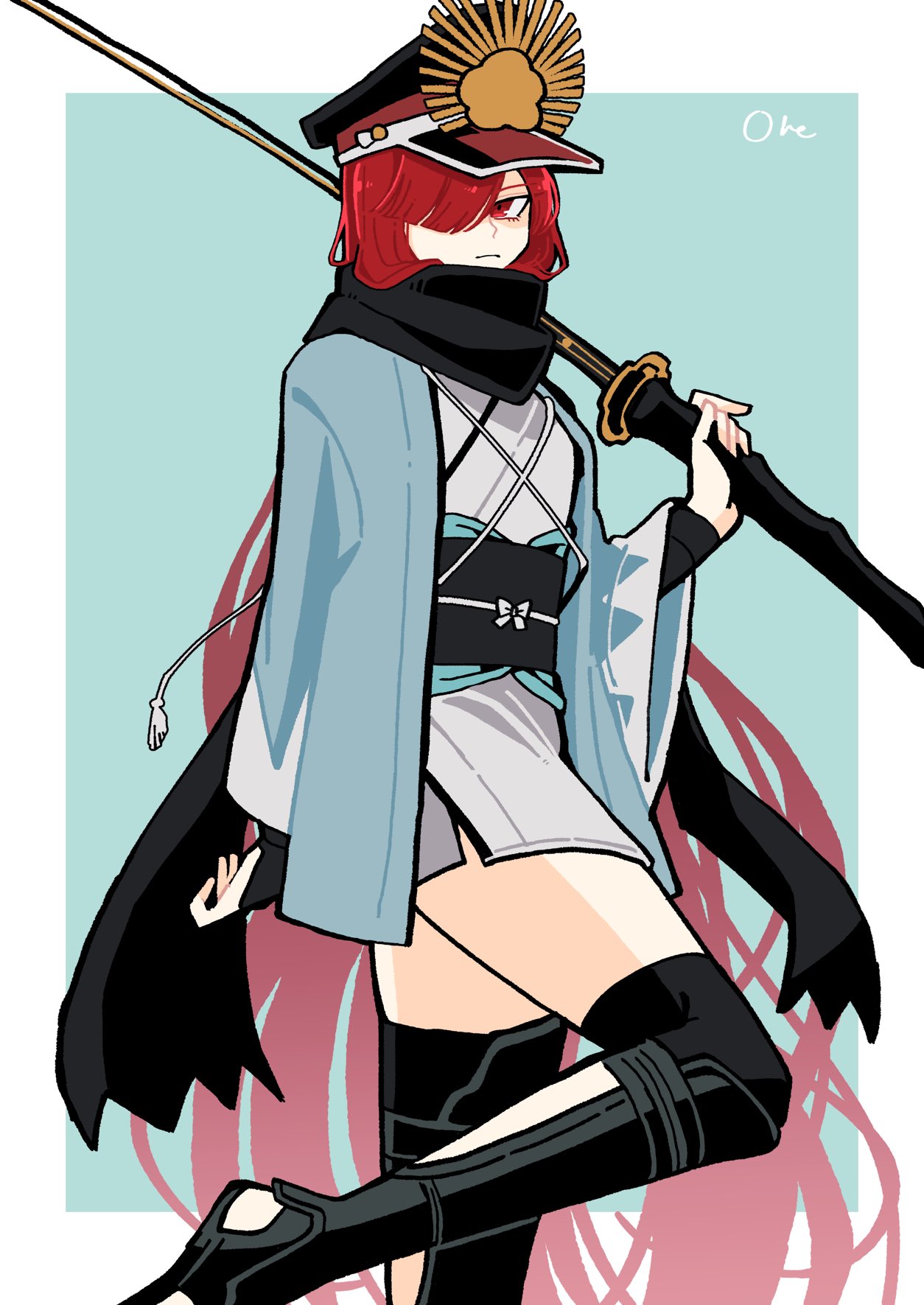goma1021, oda nobunaga (fate), oda nobunaga (maou avenger) (fate), okita souji (fate), okita souji (koha-ace), fate/grand order, fate (series), commentary request, highres, 1girl, alternate costume, black hat, black scarf, black thighhighs, blue background, blue haori, border, closed mouth, cosplay, hair over one eye, haori, hat, holding, holding sword, holding weapon, japanese clothes, katana, kimono, long hair, looking at viewer, military hat, obi, okita souji (koha-ace) (cosplay), one eye covered, outside border, red eyes, red hair, sash, scarf, shinsengumi, short kimono, signature, simple background, solo, sword, thighhighs, very long hair, weapon, white border, white kimono, wide sleeves