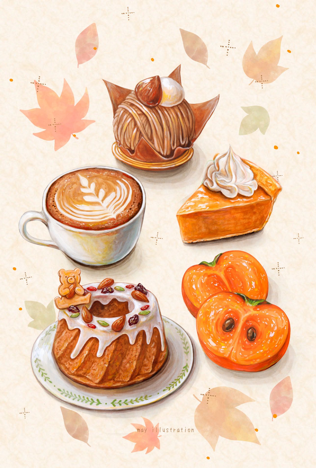 may illust5, original, commentary request, highres, cake, cappuccino, coffee mug, cup, drink, food, food focus, fruit, mont blanc (food), mug, no humans, nut (food), persimmon, pie, pie slice, plate, pumpkin pie, raisin (fruit), whipped cream