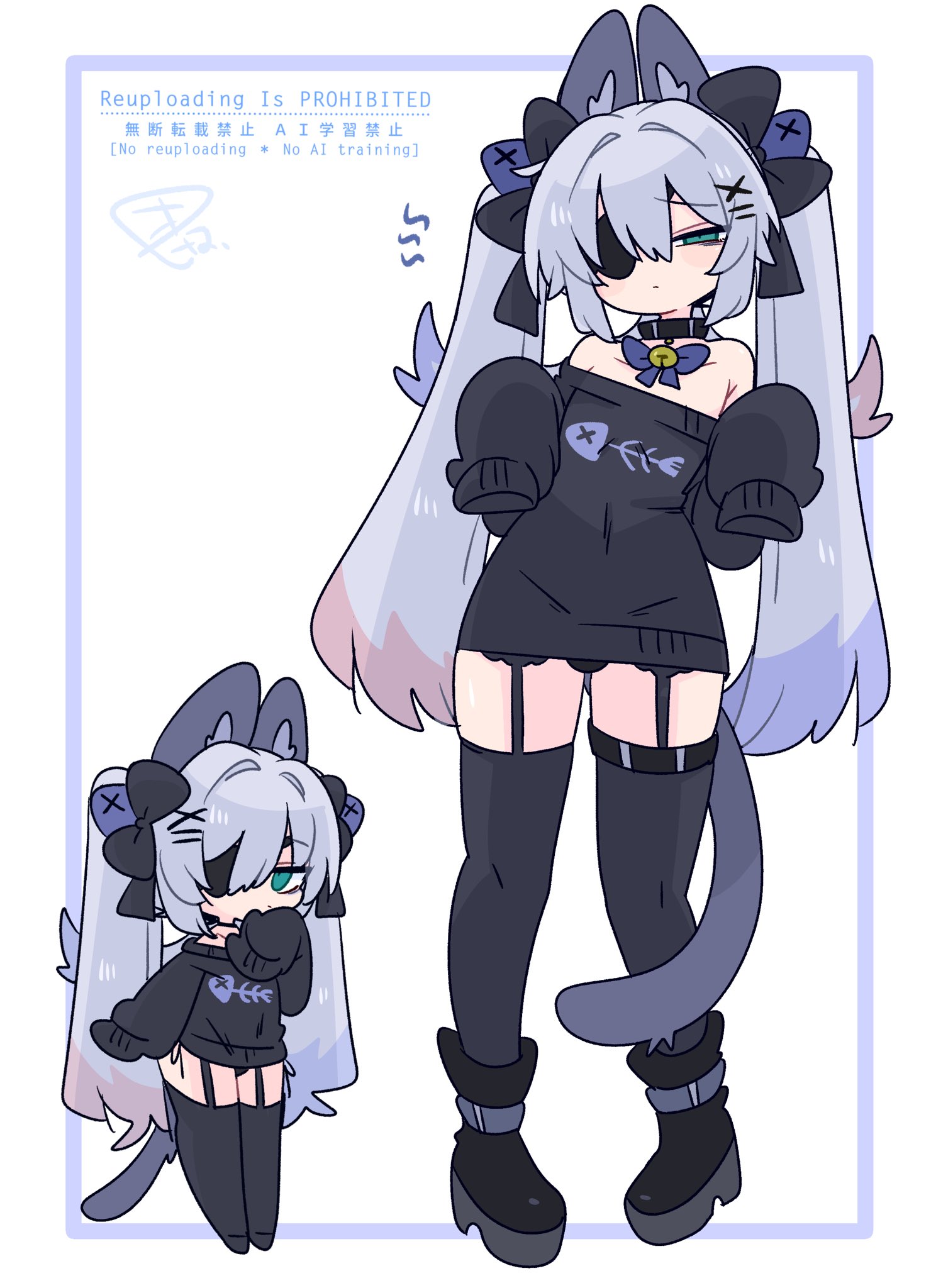 op na yarou, original, commentary, highres, 1boy, animal ear fluff, animal ears, ankle boots, bags under eyes, bare shoulders, bell, black boots, black bow, black collar, black sweater, black thighhighs, blue bow, blue eyes, blue hair, boots, bow, bulge, cat boy, cat ears, cat tail, chibi, collar, collarbone, colored tips, crossdressing, crossdressing (mtf), expressionless, eyepatch, fish skeleton, fish skeleton print, flipped hair, full body, garter straps, grey tail, hair between eyes, hair bow, hair intakes, hair ornament, hand up, hands up, light blush, long hair, looking at viewer, male focus, multicolored hair, multiple views, narrowed eyes, neck bell, no nose, no pants, one eye covered, print sweater, quad tails, raised inner eyebrows, red hair, rigel (op na yarou), sidelocks, simple background, sleeves past fingers, sleeves past wrists, standing, straight hair, sweater, tail, thigh strap, thighhighs, thighs, trap, very long hair, watermark, white background, white hair, x hair ornament