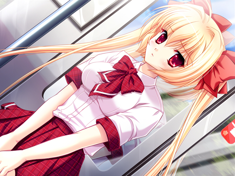 sukumizu chikan densha, game cg, source request, 1girl, blonde hair, dutch angle, female focus, long hair, red eyes, school uniform, solo, train, train interior, twintails