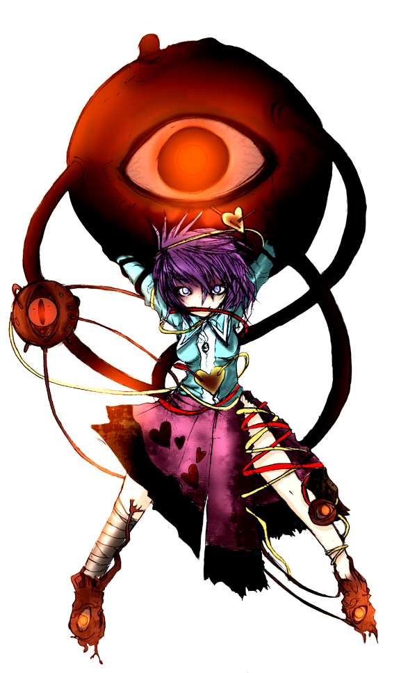 sidate, komeiji satori, touhou, 1girl, arms up, bandaged leg, bandages, blue eyes, blue jacket, breasts, eyeball, female focus, full body, glowing, glowing eye, hair between eyes, heart, heart of string, heart print, jacket, legs apart, long sleeves, looking at viewer, medium breasts, pink skirt, print skirt, purple hair, short hair, simple background, skirt, smile, solo, third eye, torn clothes, torn skirt, white background