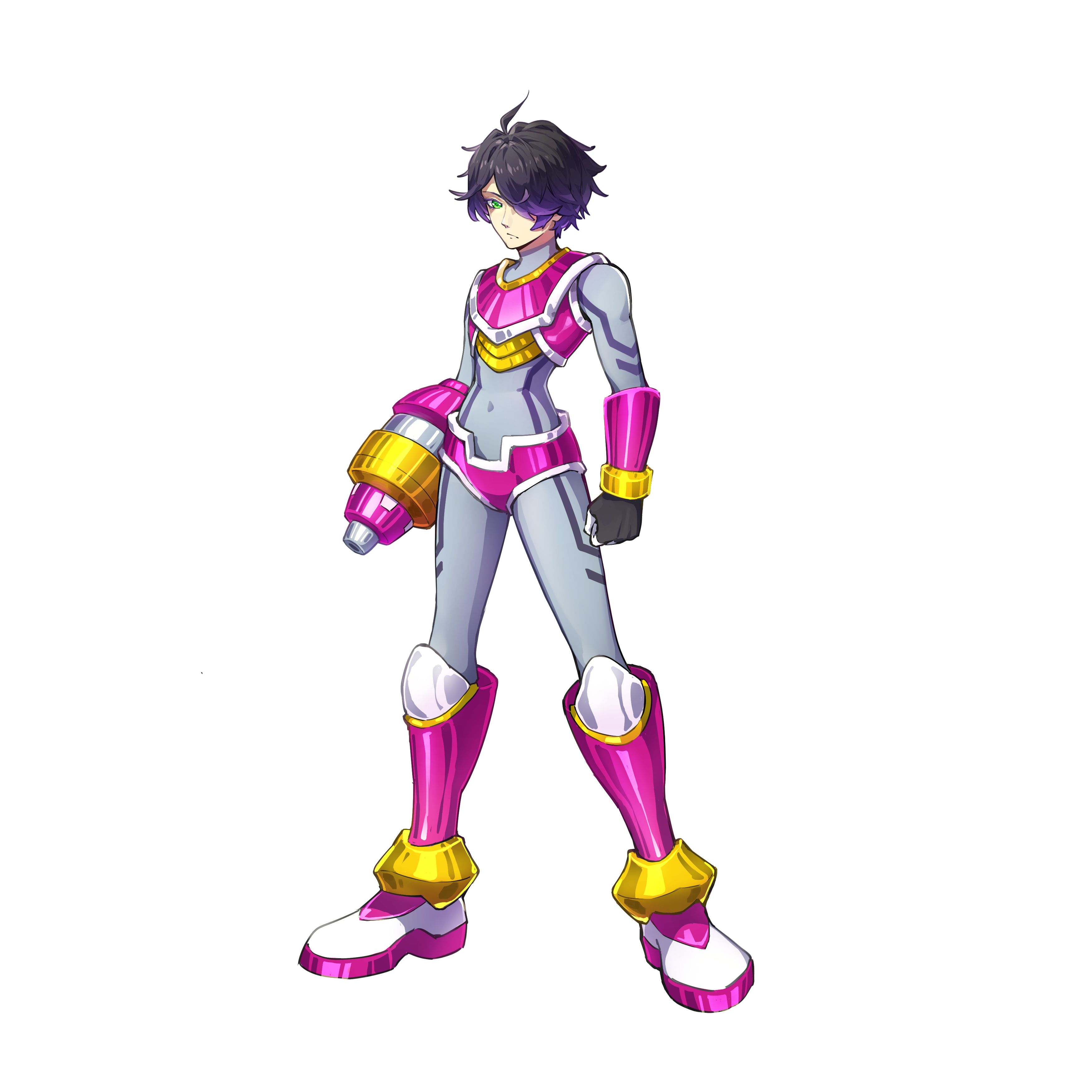 kiauwrenn, mega man (series), mega man x3, mega man x (series), mega man zero (series), absurdres, commission, commissioner upload, highres, non-web source, 1boy, adapted costume, arm cannon, black hair, body armor, bodystocking, boots, codpiece, colored tips, covered navel, elbow gloves, frown, full body, gloves, green eyes, knee armor, knee boots, mac (mega man), medium hair, multicolored hair, no headwear, purple hair, radio antenna, solo, transparent background, two-tone hair, weapon