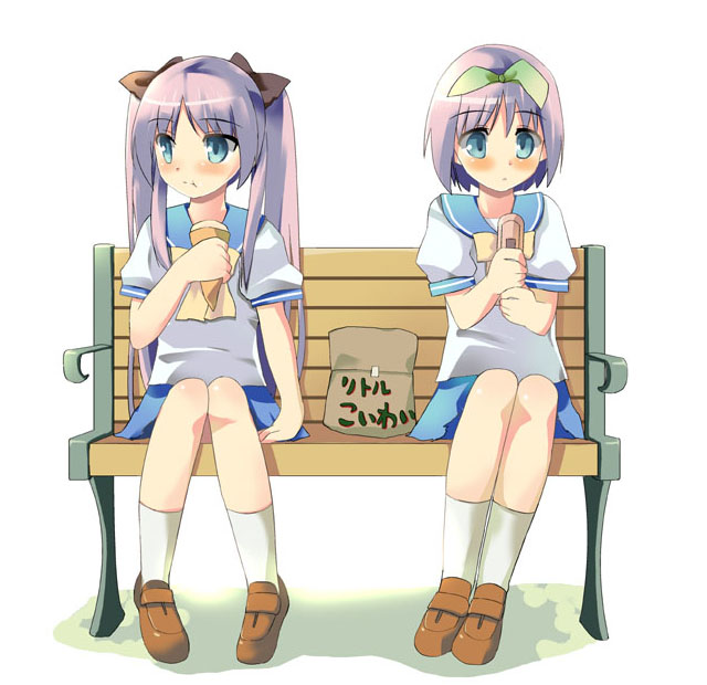 hiiragi kagami, hiiragi tsukasa, lucky star, non-web source, 00s, 2girls, bench, blue hair, blush, cellphone, crepe, eating, food, hair ribbon, knees together feet apart, legs together, long hair, multiple girls, phone, purple eyes, purple hair, ribbon, school uniform, serafuku, short hair, siblings, sisters, tareme, tsurime, twins, twintails