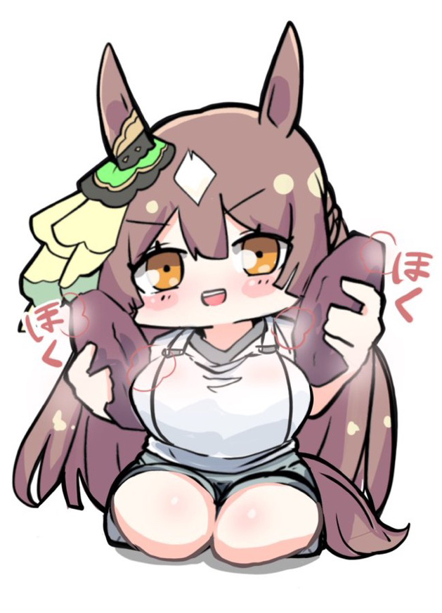 kawamochi (tddm3573), satono diamond (umamusume), umamusume, translation request, 1girl, :d, animal ears, blush stickers, breasts, brown hair, food, full body, grey shorts, hair between eyes, holding, holding food, horse ears, horse girl, horse tail, large breasts, multicolored hair, open mouth, orange eyes, seiza, shirt, shorts, simple background, sitting, smile, solo, sweet potato, tail, teeth, two-tone hair, upper teeth only, v-shaped eyebrows, white background, white hair, white shirt