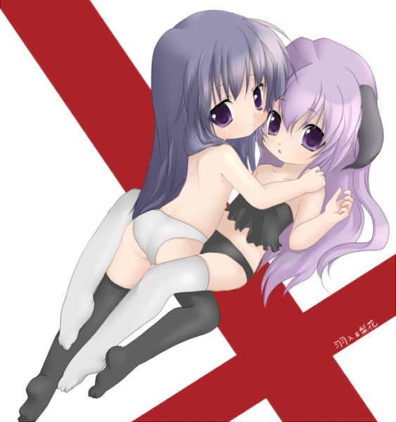 furude rika, hanyuu, higurashi no naku koro ni, 00s, blue hair, camisole, horns, lingerie, loli, long hair, panties, purple eyes, purple hair, thighhighs, topless female, underwear, yuri