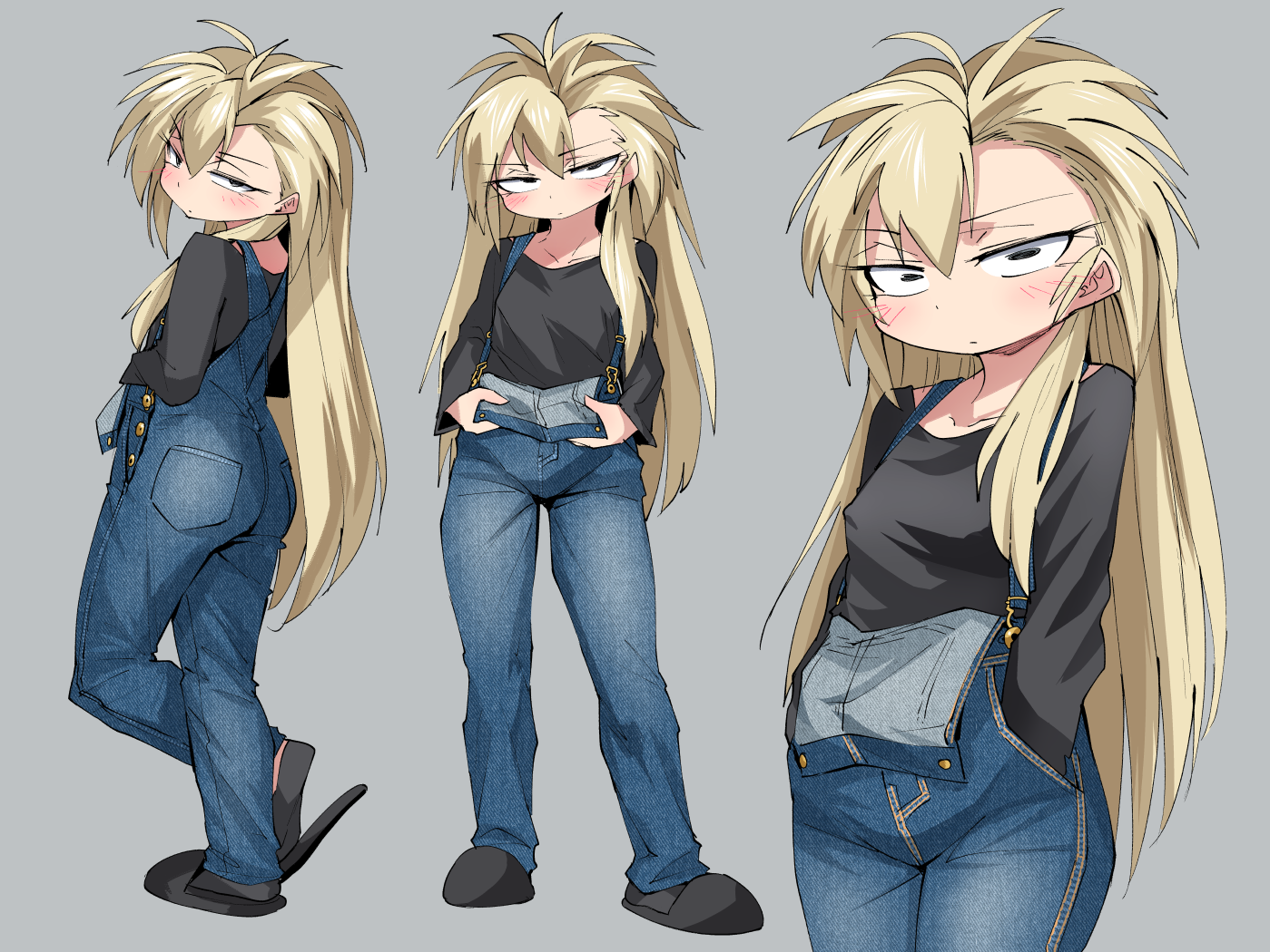 shimizu pem, original, commentary request, 1girl, black eyes, black shirt, black slippers, black socks, blonde hair, blue overalls, blush, breasts, closed mouth, denim, full body, grey background, hands in pockets, long hair, long sleeves, looking at viewer, multiple views, overalls, shirt, simple background, slippers, small breasts, socks, very long hair