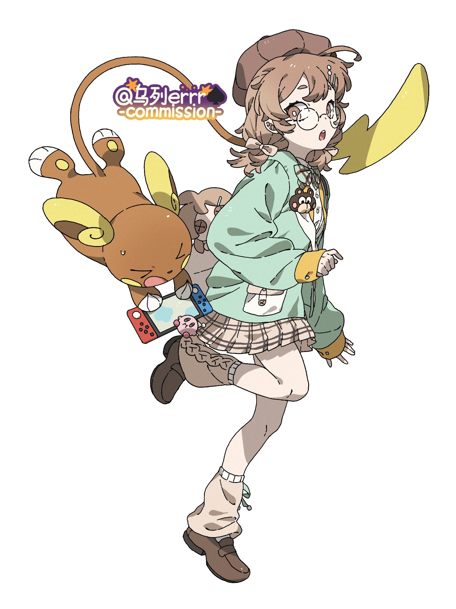 wulie errr, alolan raichu, nintendo, pokemon, highres, > <, 1girl, :o, alolan form, animal hands, aqua bow, aqua bowtie, aqua cardigan, beret, bow, bowtie, bright pupils, brown eyes, brown hair, brown hat, brown shoes, cardigan, full body, gen 7 pokemon, glasses, hair ornament, hairclip, hat, leg warmers, looking at another, nintendo switch, open mouth, orange fur, pawpads, pokemon (creature), round eyewear, shirt, shoes, short twintails, simple background, skirt, standing, twintails, white background, white leg warmers, white pupils, white shirt, white skirt, yellow fur