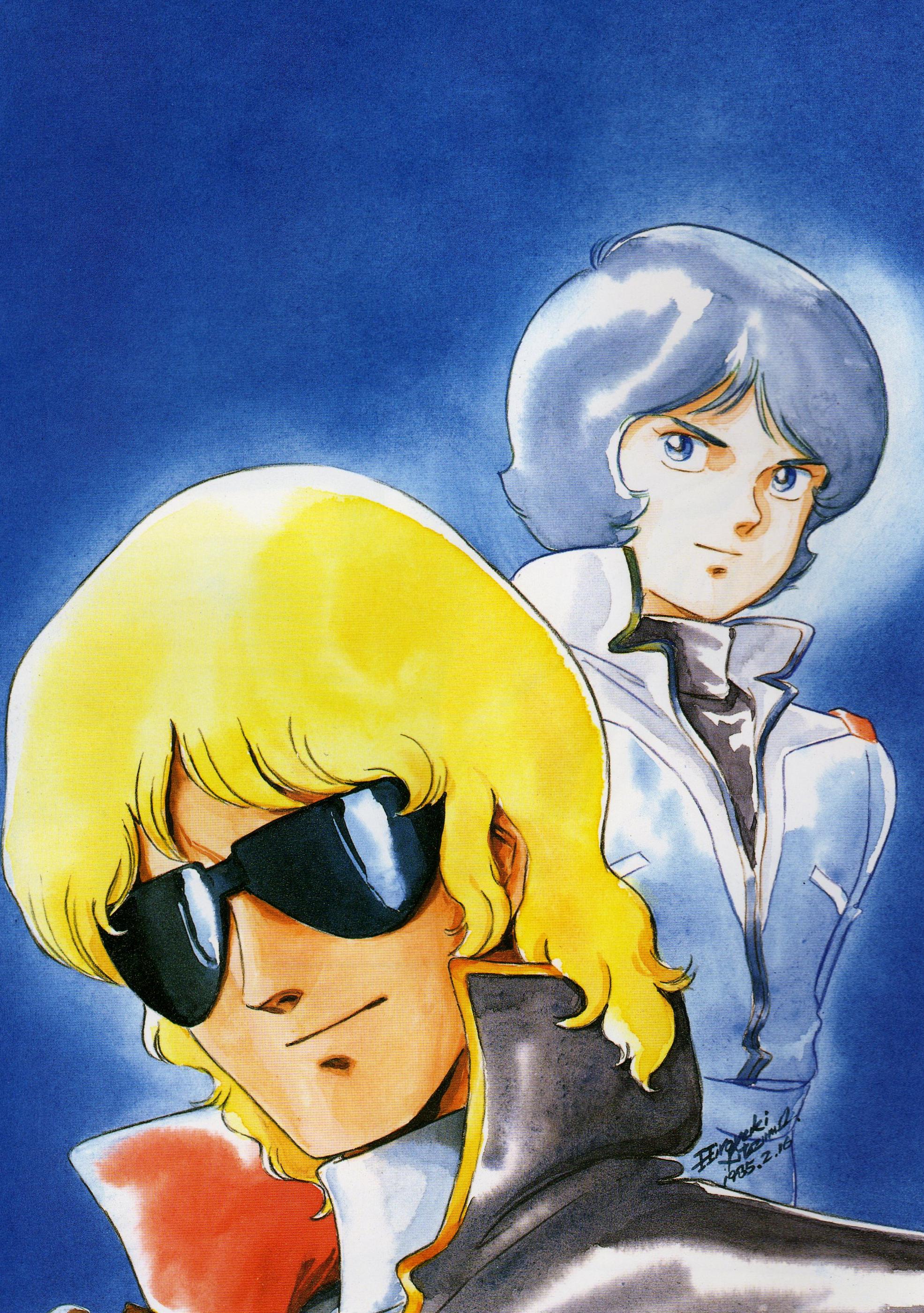 kitazume hiroyuki, char aznable, kamille bidan, quattro bajeena, gundam, zeta gundam, absurdres, highres, 2boys, blonde hair, blue eyes, blue hair, male focus, multiple boys, short hair, sunglasses