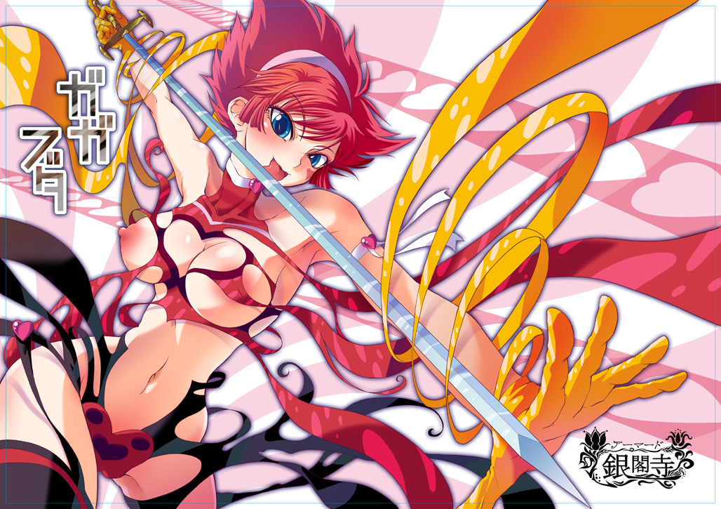 maybe, cutie honey (character), kisaragi honey, cutie honey, toei company, 1girl, blue eyes, breasts, cleavage, cleavage cutout, clothing cutout, female focus, gloves, hairband, heart, heart cutout, large breasts, licking, magical girl, naughty face, navel, nipple slip, nipples, red hair, short hair, solo, sword, tongue, torn clothes, weapon