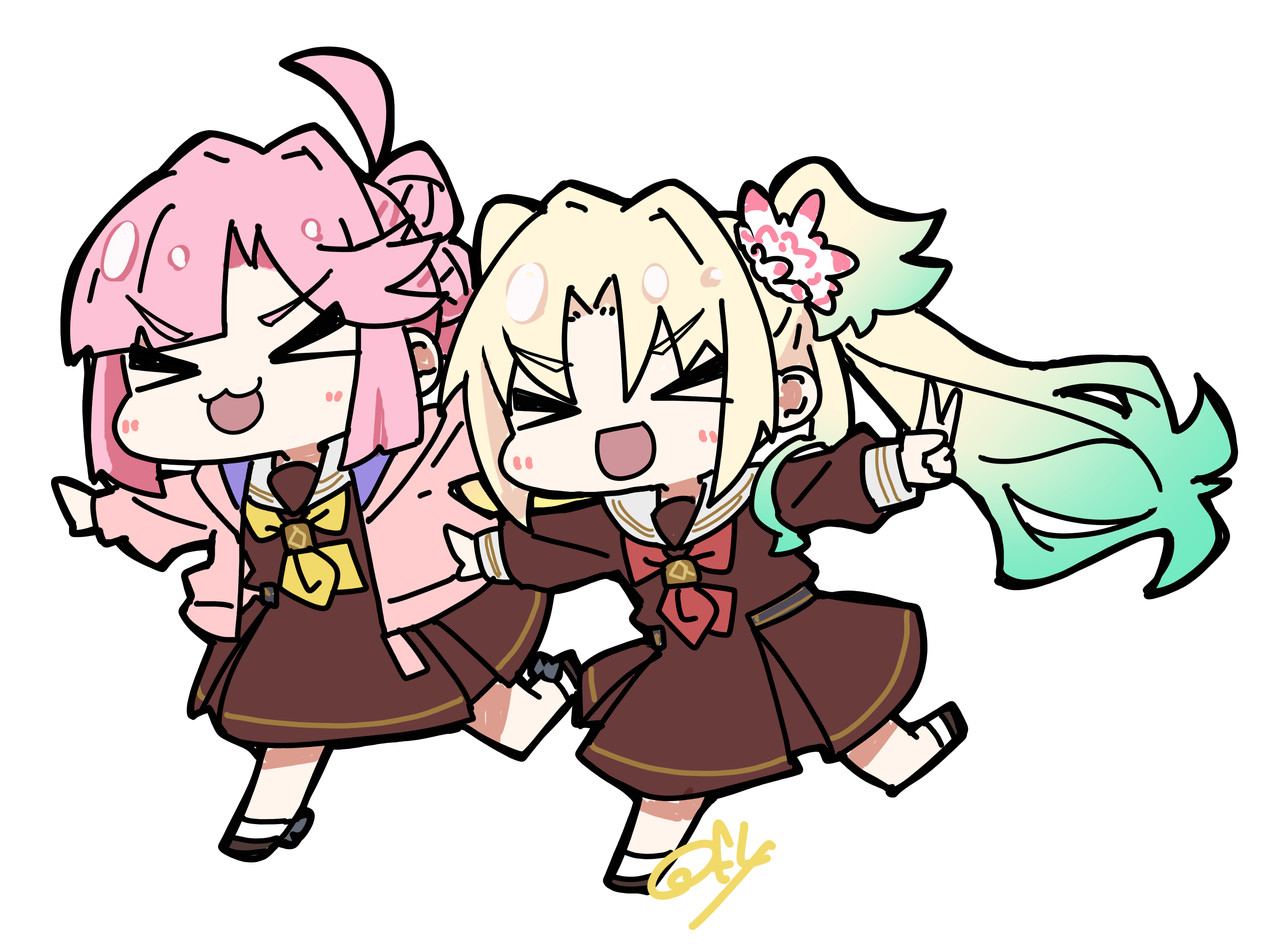 oofushi ao, anyoji hime, osawa rurino, link! like! love live!, love live!, absurdres, commentary, highres, > <, 2girls, :3, :d, ahoge, aqua hair, black bow, blonde hair, bow, bow legwear, brown dress, chibi, chibi only, curtained hair, dress, flower, gradient hair, hair flower, hair ornament, hasu no sora school uniform, long hair, long sleeves, medium dress, mira-cra park!, multi-tied hair, multicolored hair, multiple girls, neckerchief, open mouth, outstretched arms, parted bangs, pink flower, pleated dress, ponytail, red neckerchief, running, sailor collar, school uniform, signature, simple background, smile, socks, spread arms, twintails, virtual youtuber, white background, white sailor collar, white socks, winter uniform, x3, xd, yellow neckerchief