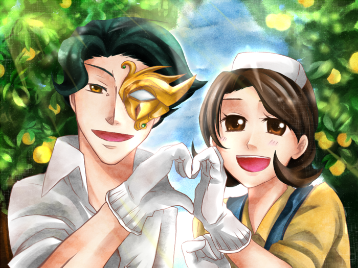 haru sakurazaki, jeremiah gottwald, shinozaki sayoko, code geass, 00s, blush, brown eyes, brown hair, food, fruit, gloves, hat, heart, heart hands, heart hands duo, orange (fruit), short hair, smile