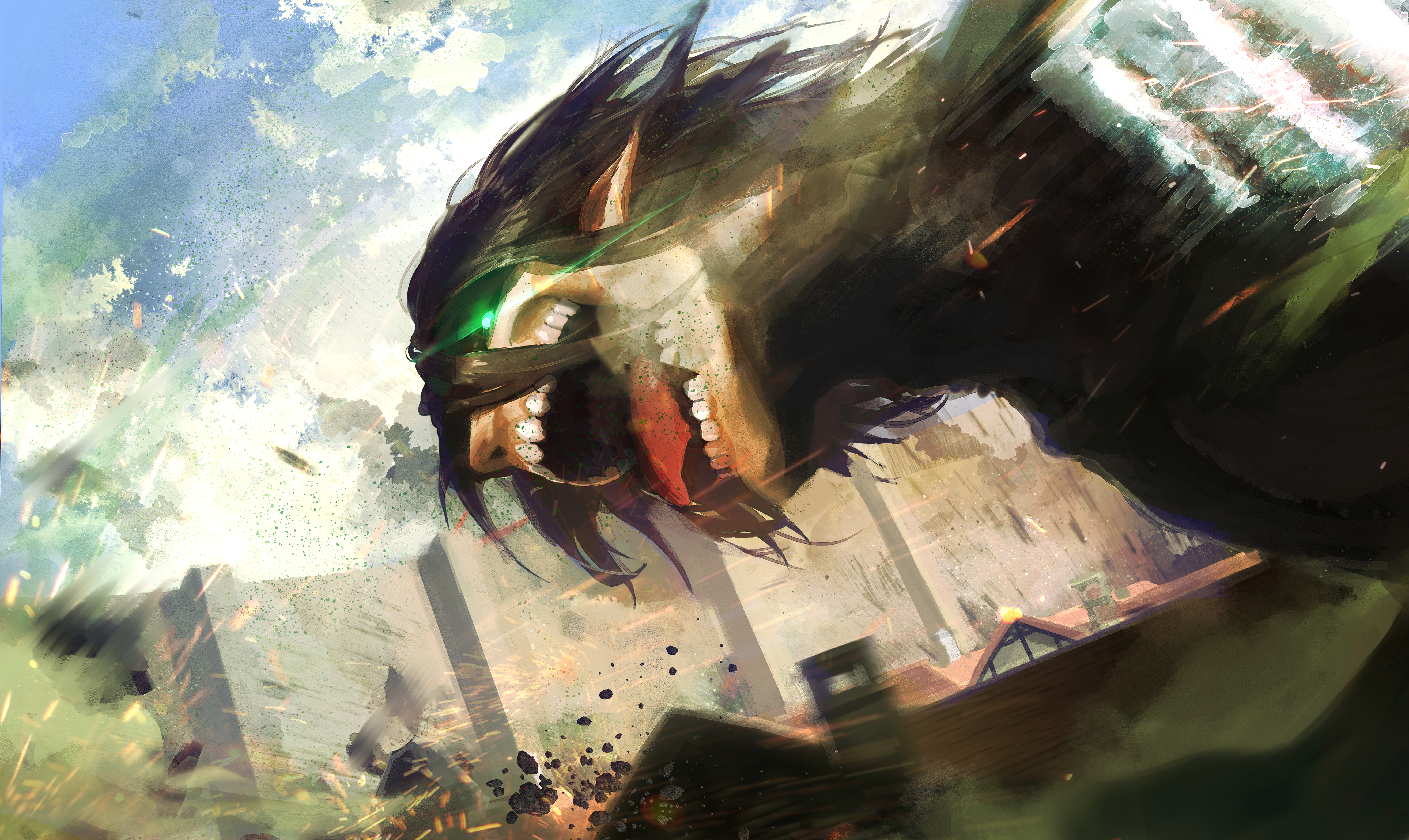 1elims1, rogue titan, titan (shingeki no kyojin), shingeki no kyojin, absurdres, commentary, highres, 1boy, blue sky, cloud, glowing, glowing eyes, green eyes, open mouth, pointy ears, sky, solo, teeth, tongue