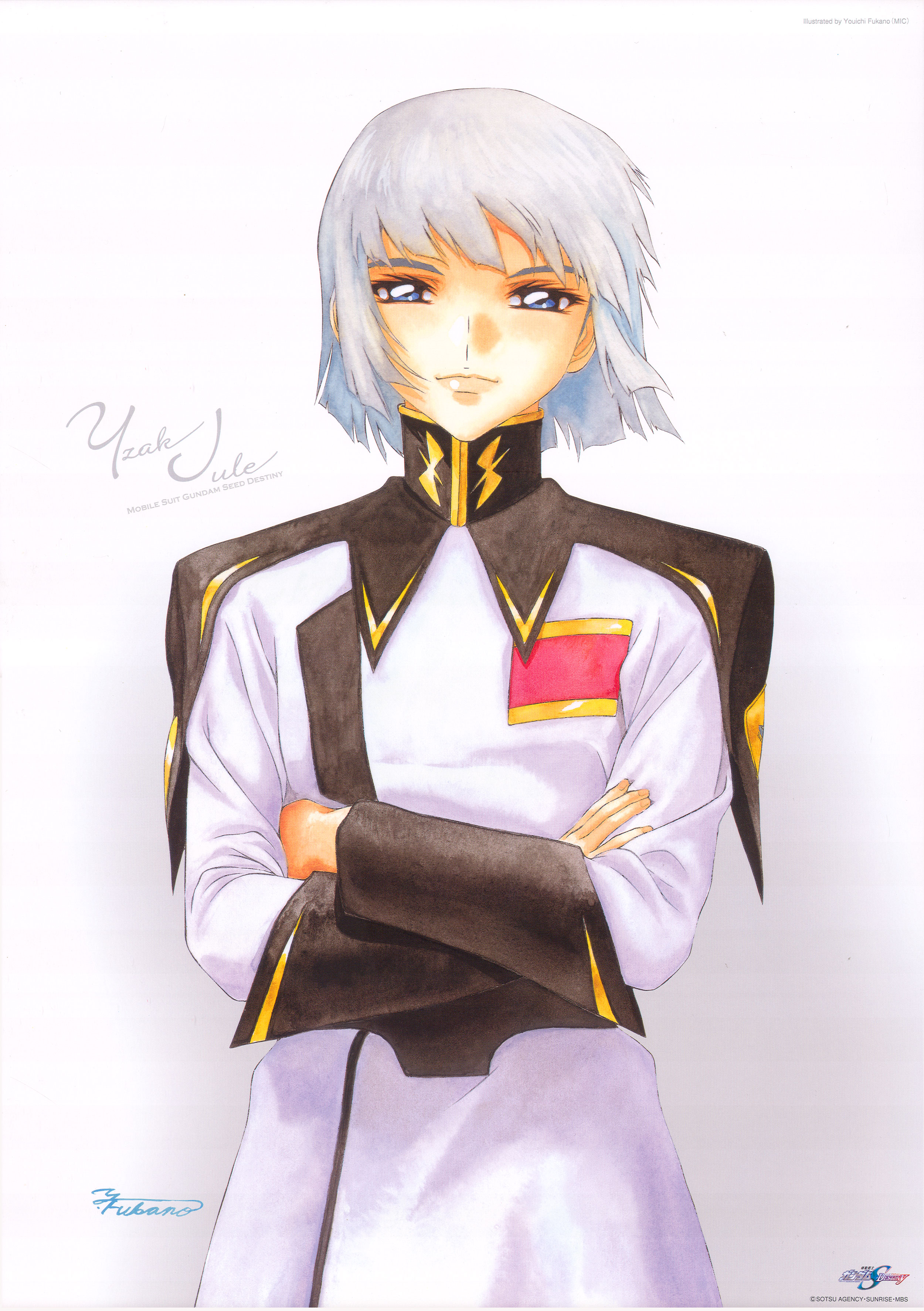 fukano youichi, yzak joule, gundam, gundam seed, gundam seed destiny, silver hair, absurdres, highres, official art, scan, 00s, 1boy, blue eyes, crossed arms, male focus, military, military uniform, solo, youichi fukano