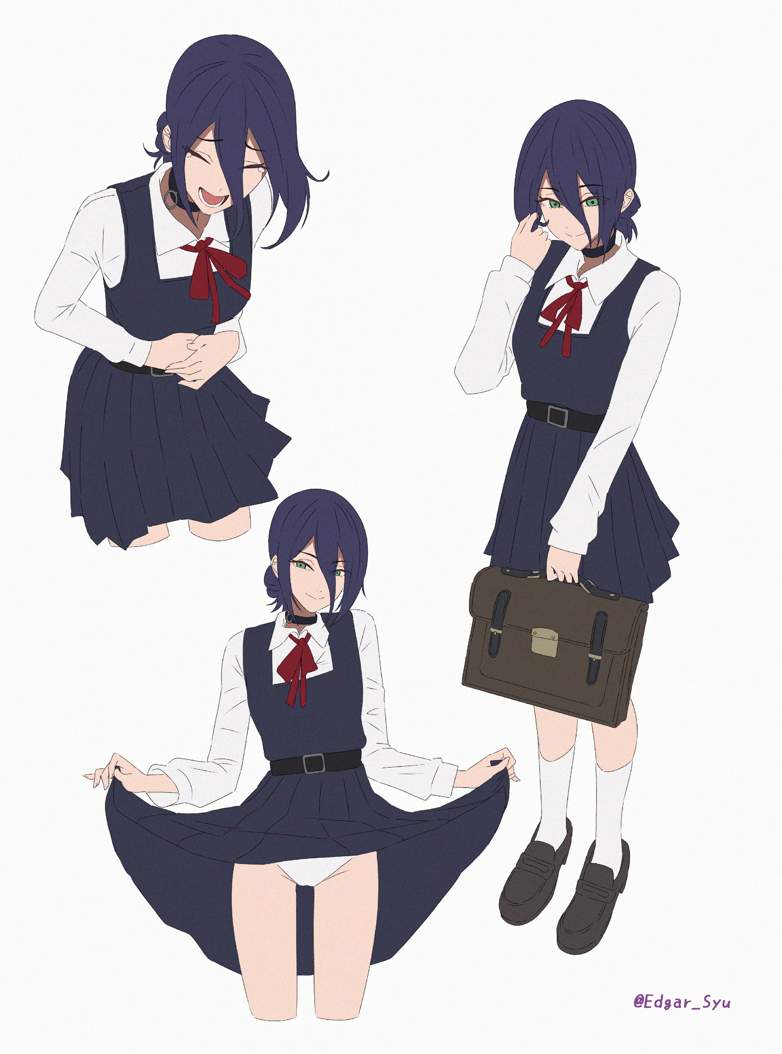 edgar syu, reze (chainsaw man), chainsaw man, absurdres, highres, 1girl, black choker, black dress, black hair, briefcase, choker, clothes lift, collared shirt, dress, dress lift, green eyes, grenade pin, hair between eyes, holding, holding briefcase, lifting own clothes, long sleeves, multiple views, neck ribbon, panties, pinafore dress, red ribbon, ribbon, school briefcase, shirt, sleeveless, sleeveless dress, underwear, white panties, white shirt