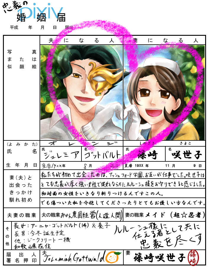 haru sakurazaki, jeremiah gottwald, shinozaki sayoko, code geass, translation request, 00s, blush, brown eyes, brown hair, food, fruit, gloves, hat, heart, marriage certificate, orange (fruit), short hair