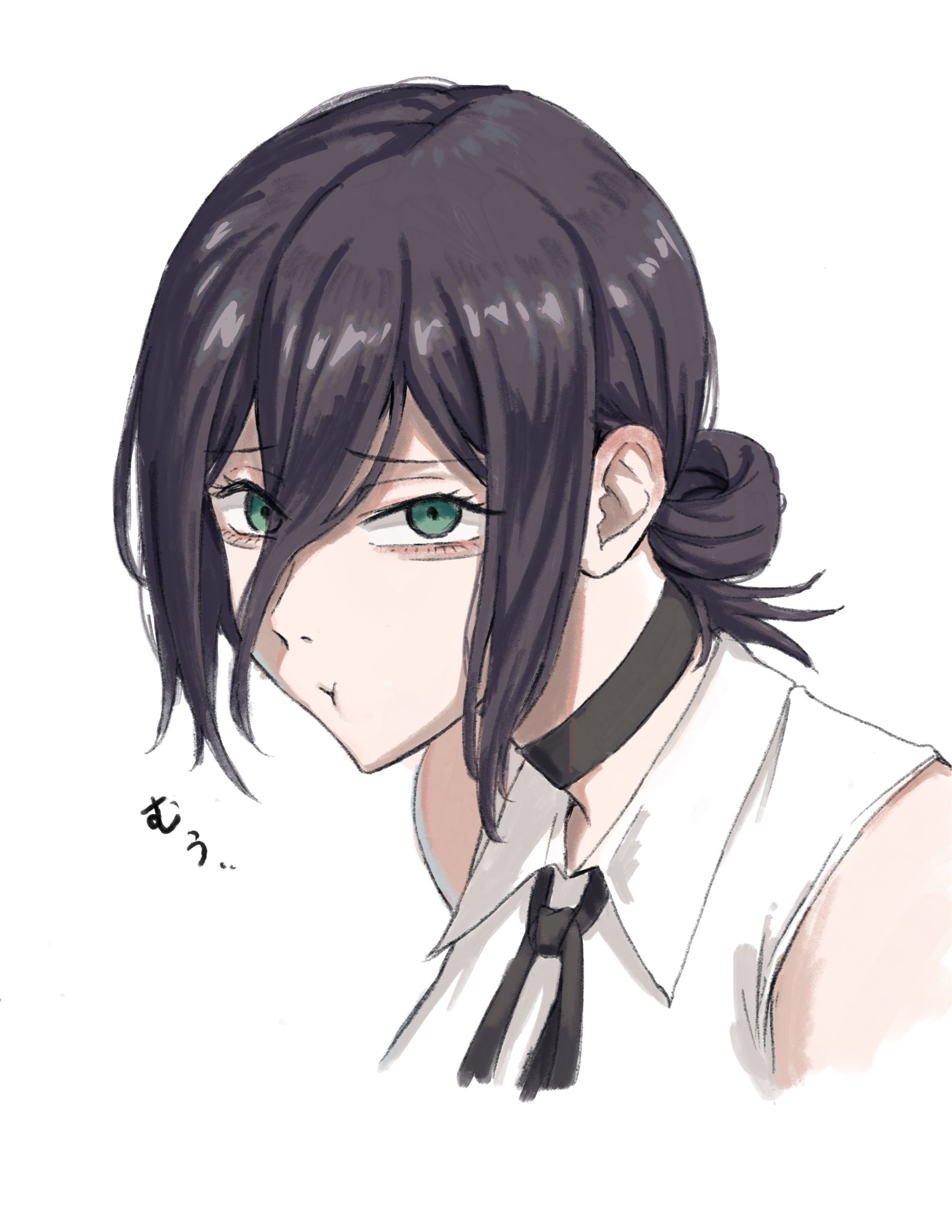 matomo, reze (chainsaw man), chainsaw man, highres, 1girl, black choker, black hair, black ribbon, choker, closed mouth, green eyes, hair between eyes, hair bun, looking at viewer, neck ribbon, pout, ribbon, shirt, simple background, sleeveless, sleeveless shirt, solo, white background, white shirt