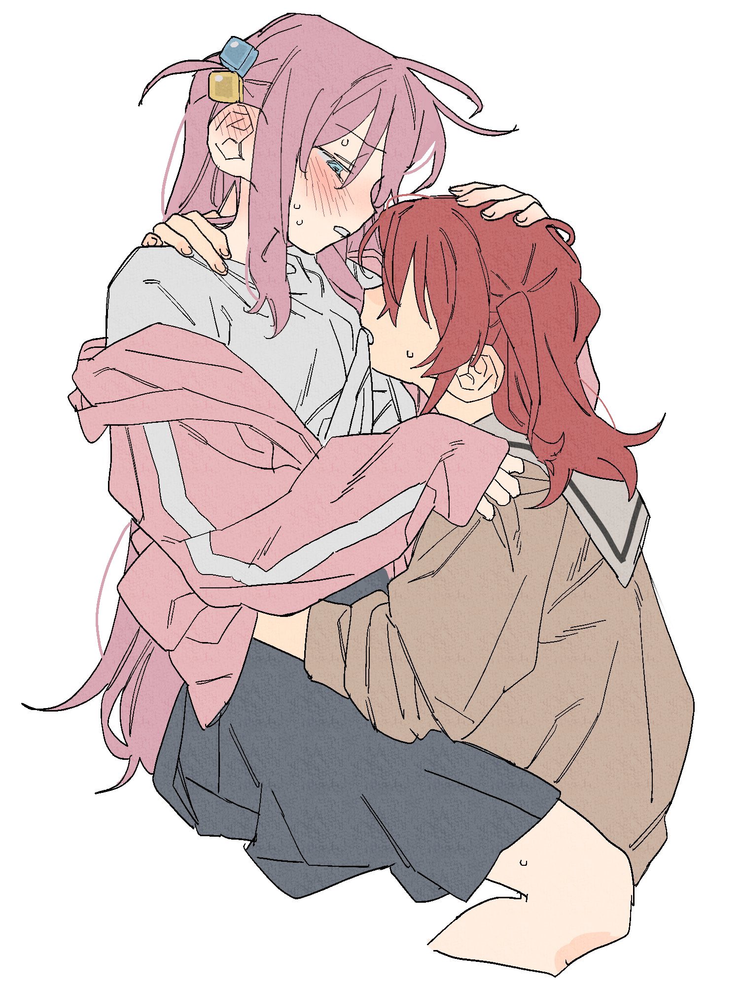 dayama, gotoh hitori, kita ikuyo, bocchi the rock!, highres, 2girls, blue eyes, blush, clothes in mouth, clothes lift, cube hair ornament, hair ornament, half-closed eyes, hand around neck, hand on another's head, jacket, mouth hold, multiple girls, one side up, pink hair, pink jacket, red hair, school uniform, shirt, shirt lift, shuka high school uniform, simple background, solo, straddling, sweat, track jacket, upright straddle, white background, white shirt, yuri