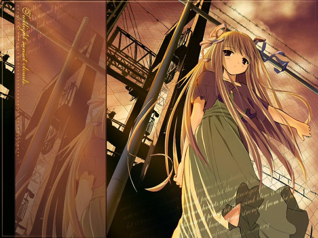 toono minagi, air (visual novel), bad id, bad pixiv id, 00s, 1girl, black eyes, brown hair, crane (machine), dutch angle, female focus, long sleeves, looking at viewer, looking back, outdoors, rope, solo, standing, wind
