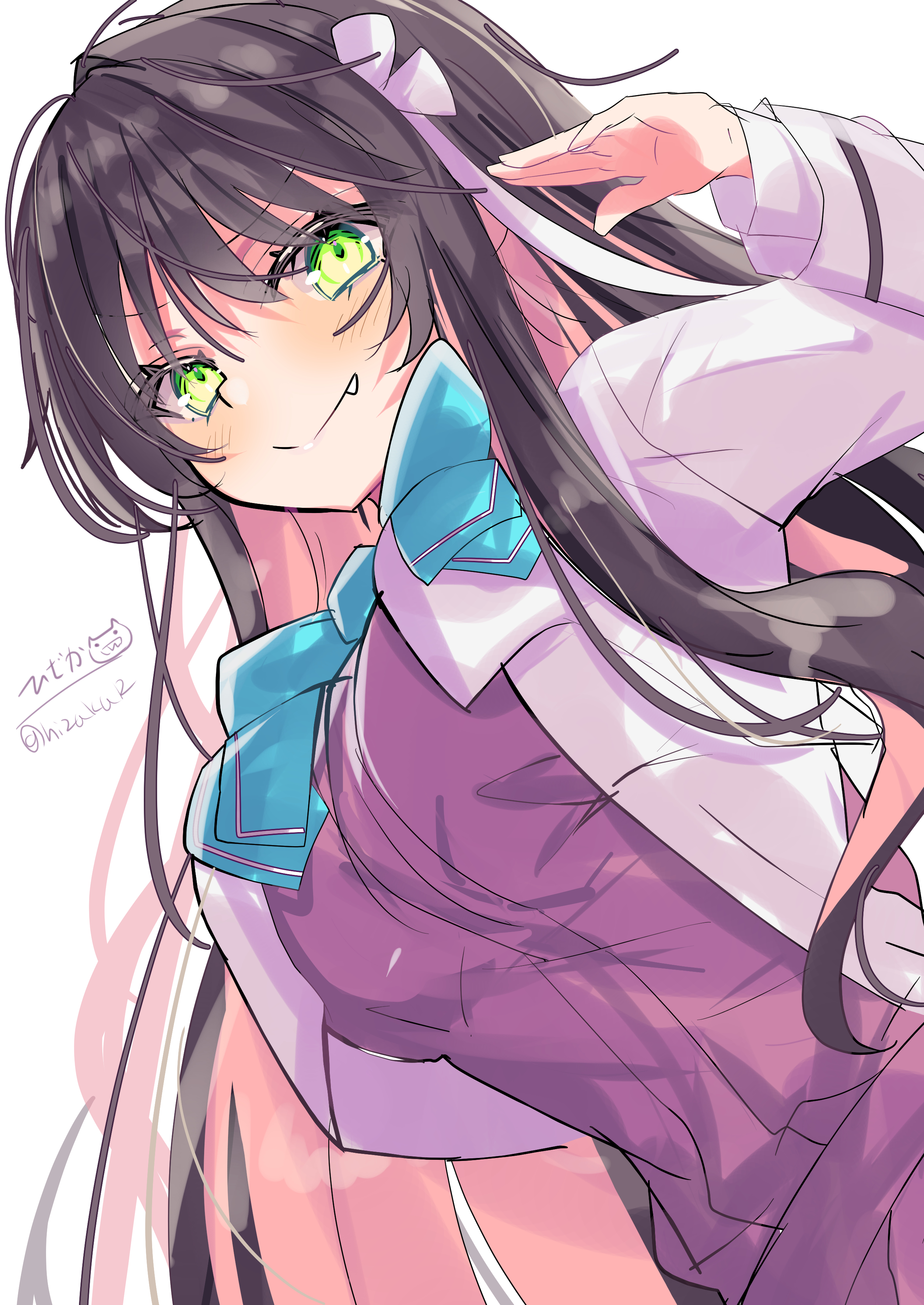 hizaka, naganami (kancolle), naganami kai ni (kancolle), kantai collection, absurdres, highres, 1girl, aqua bow, aqua bowtie, black hair, bow, bowtie, breasts, dress, fang, green eyes, hair down, hairband, jacket, large breasts, long hair, looking at viewer, multicolored hair, pink hair, purple dress, school uniform, shirt, signature, smile, solo, twitter username, two-tone hair, upper body, wavy hair, white background, white hairband, yellow eyes
