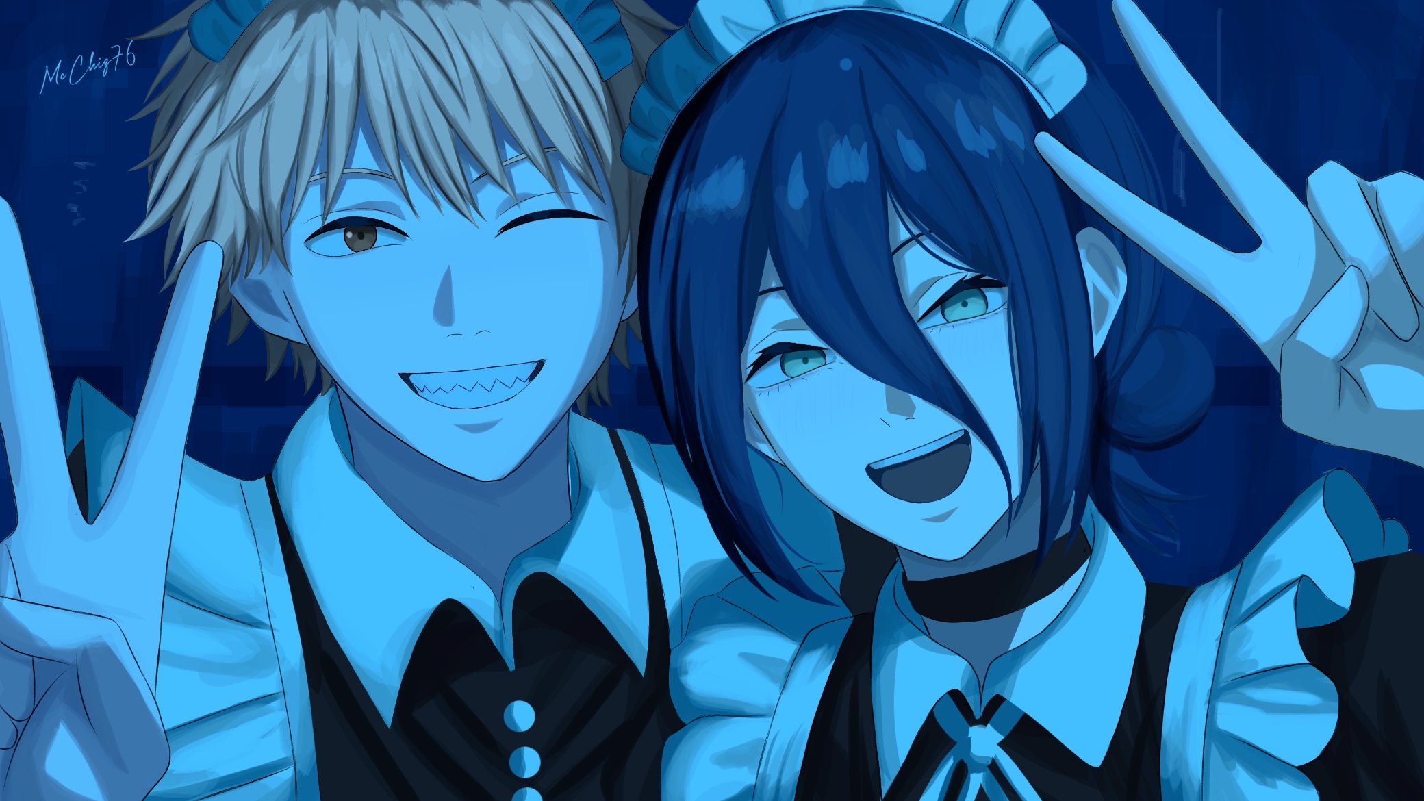 mccheese, denji (chainsaw man), reze (chainsaw man), chainsaw man, highres, 1boy, 1girl, alternate costume, apron, black dress, blonde hair, blue hair, brown eyes, dress, enmaided, green eyes, grin, looking at viewer, maid, maid apron, maid headdress, one eye closed, open mouth, sharp teeth, short hair, smile, teeth, v, white apron